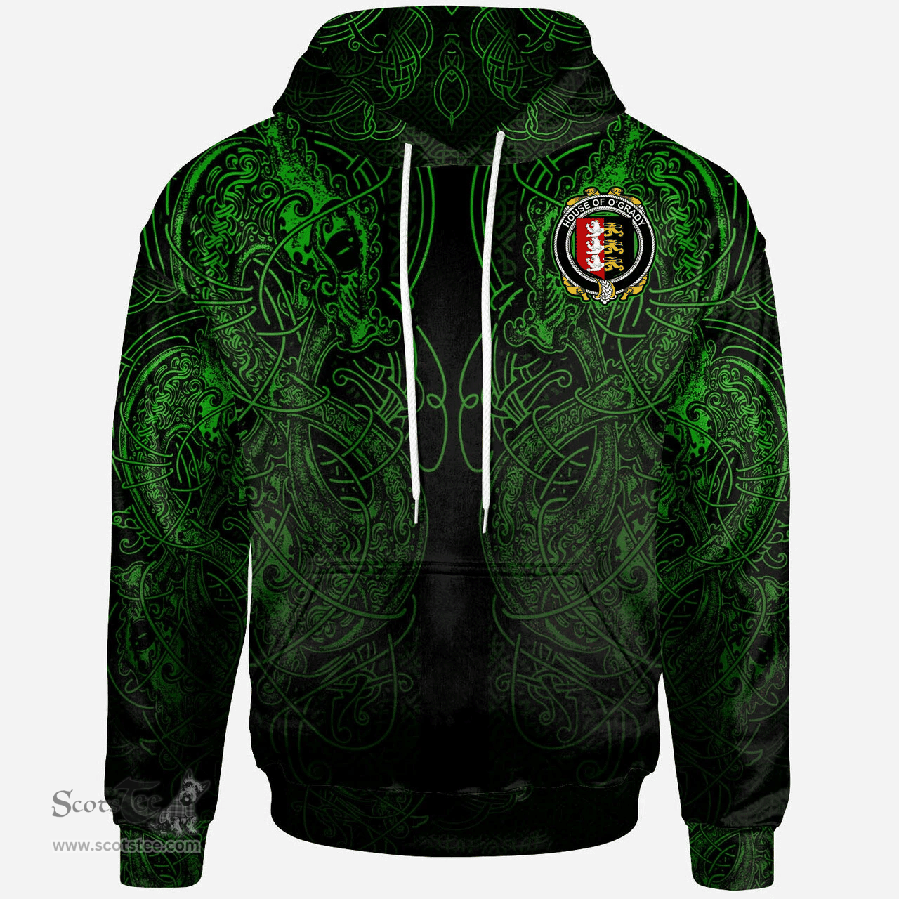 ScotsTee Shop Irish House of O'GRADY Coat of Arms Family Crest Ireland Hoodie Green Celtic Dragon Hoodie