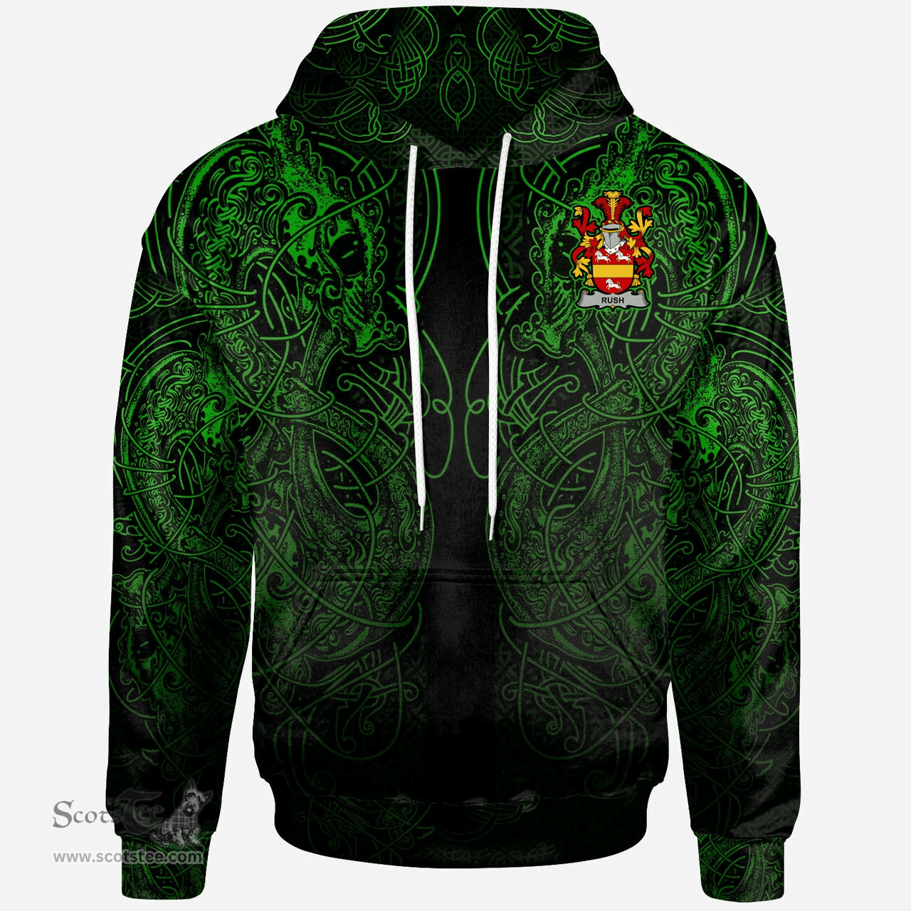 ScotsTee Shop Irish Rush Coat of Arms Family Crest Ireland Hoodie Green Celtic Dragon Hoodie