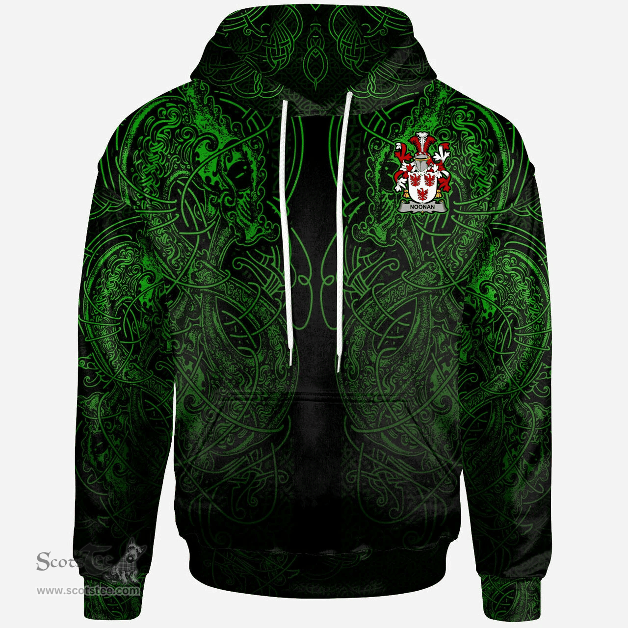 ScotsTee Shop Irish Noonan or O'Noonan Coat of Arms Family Crest Ireland Hoodie Green Celtic Dragon Hoodie