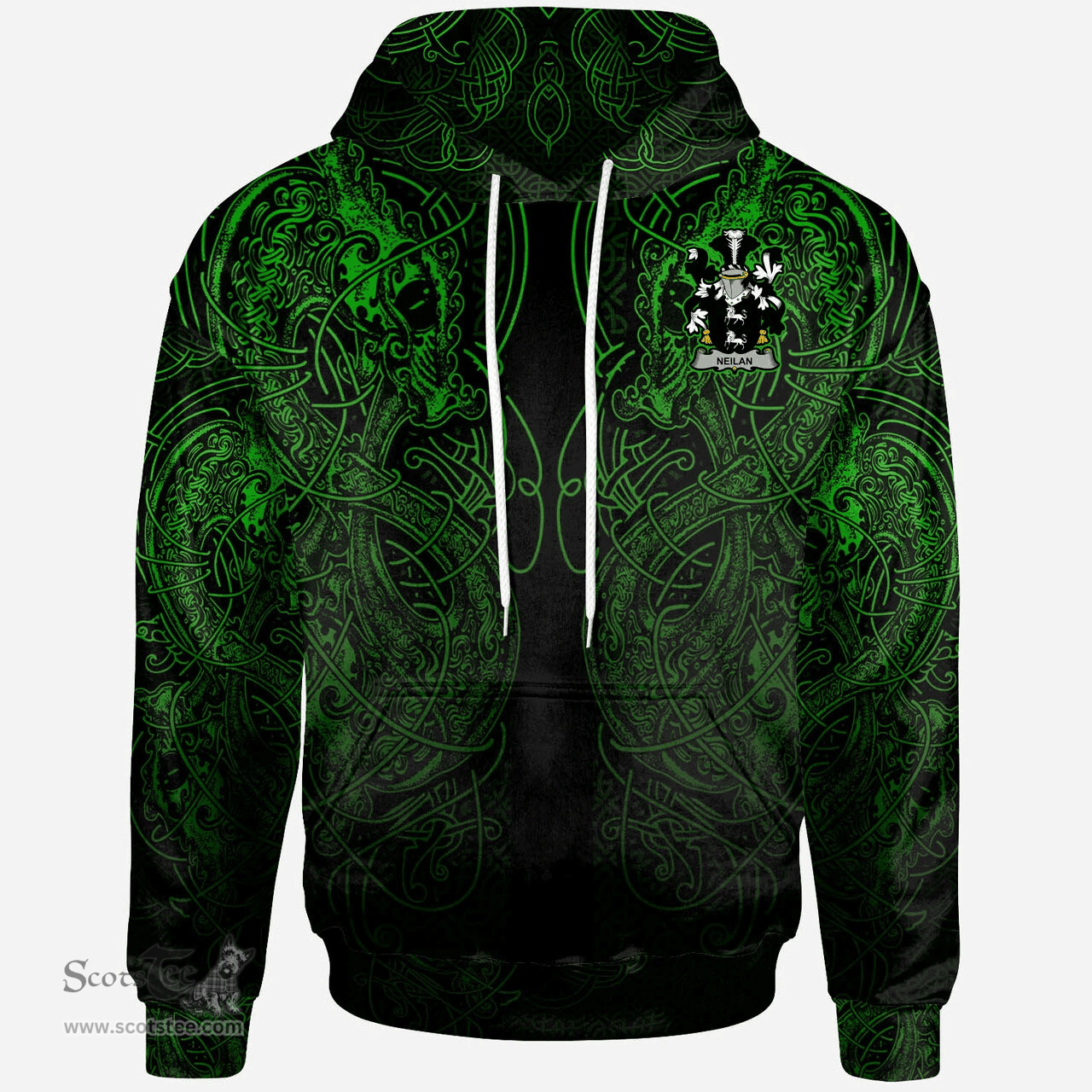 ScotsTee Shop Irish Neilan or O'Neylan Coat of Arms Family Crest Ireland Hoodie Green Celtic Dragon Hoodie