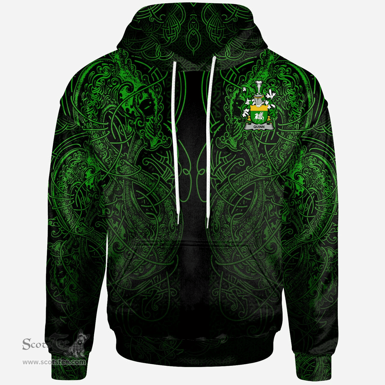 ScotsTee Shop Irish Quinn or O'Quin Coat of Arms Family Crest Ireland Hoodie Green Celtic Dragon Hoodie