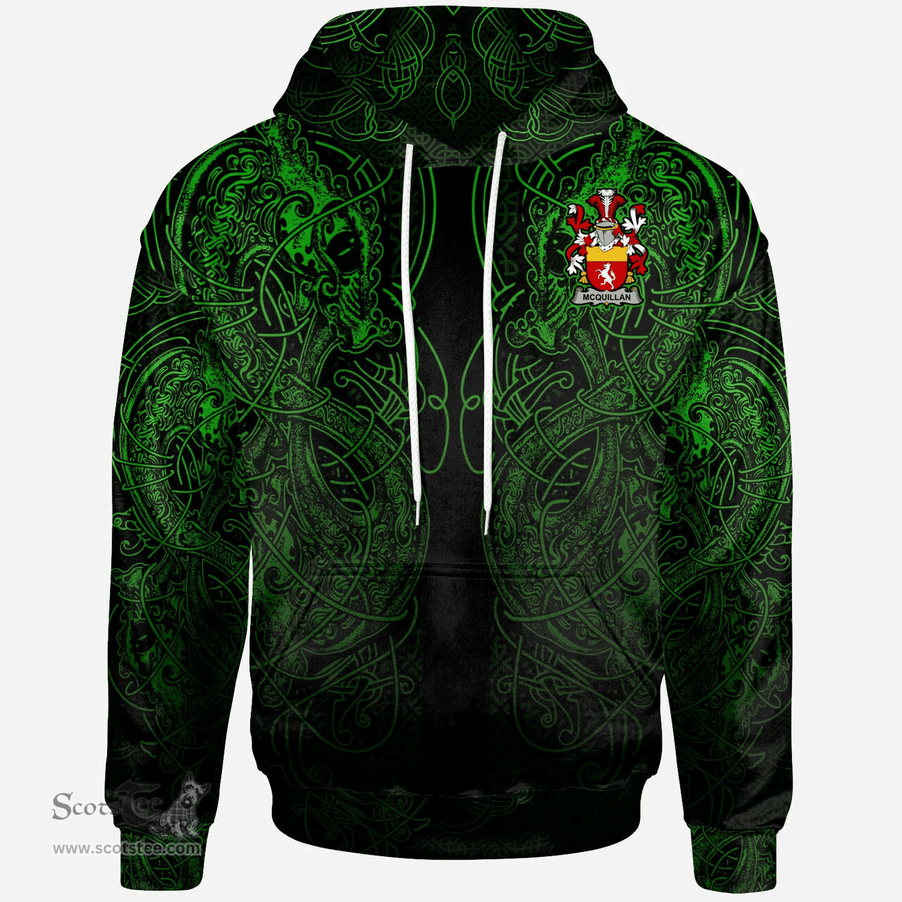 ScotsTee Shop Irish Quillan or McQuillan Coat of Arms Family Crest Ireland Hoodie Green Celtic Dragon Hoodie