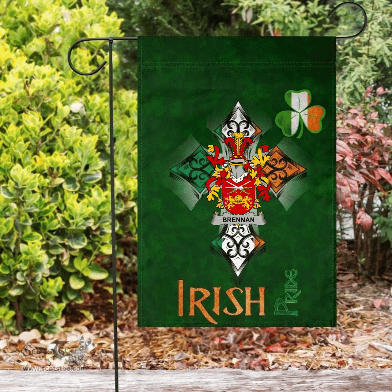 ScotsTee Shop Irish Brennan or O'Brennan Coat of Arms Irish Pride Garden Flag Shamrock Ireland Flag