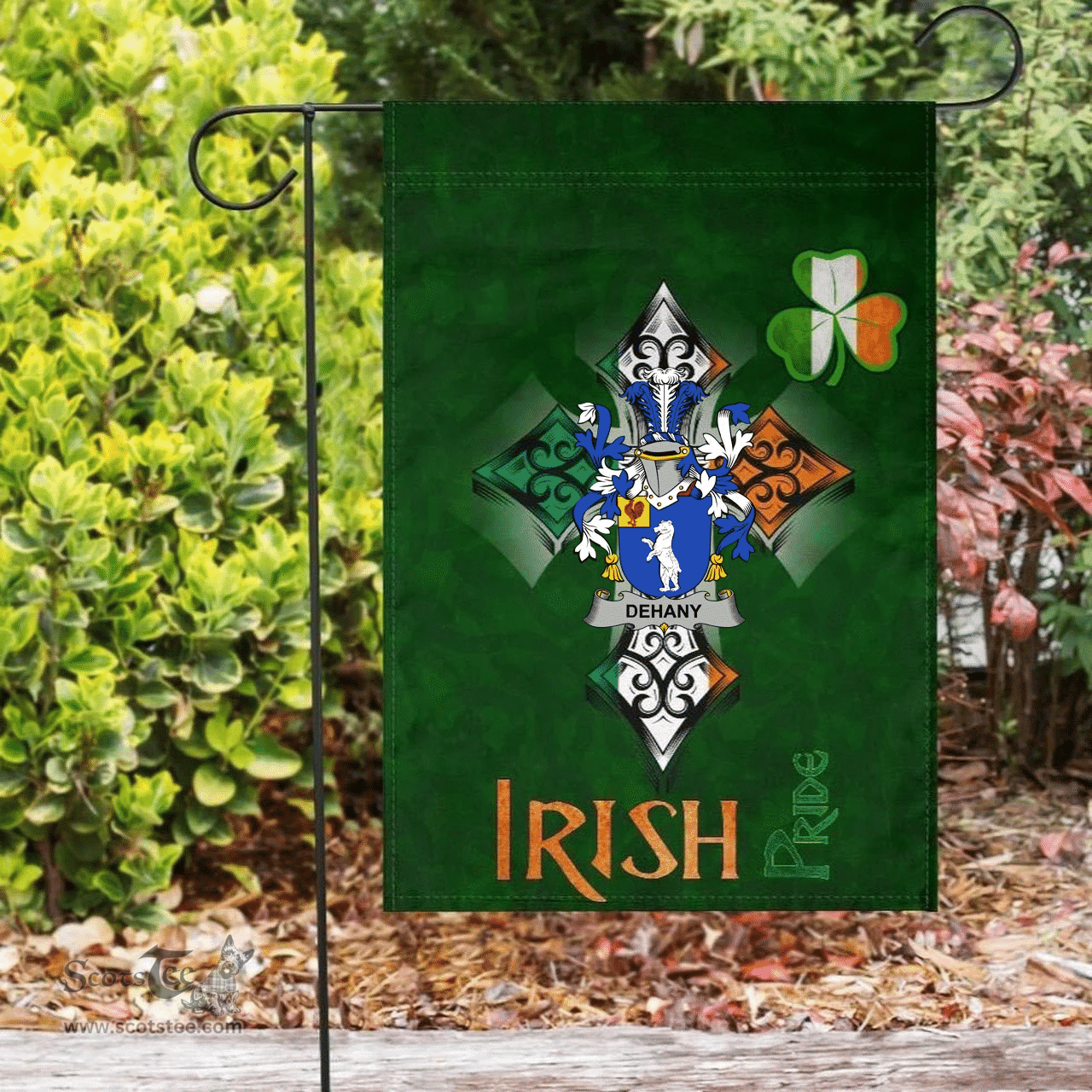 ScotsTee Shop Irish Dehany Coat of Arms Irish Pride Garden Flag Shamrock Ireland Flag