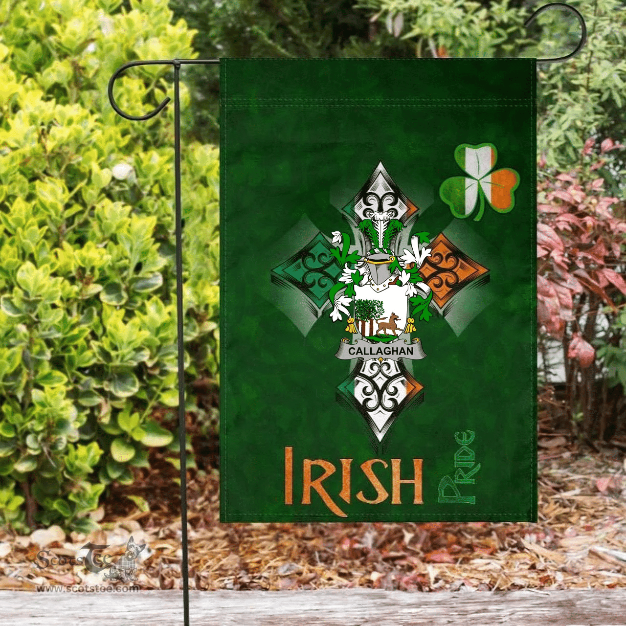 ScotsTee Shop Irish Callaghan or O'Callaghan Coat of Arms Irish Pride Garden Flag Shamrock Ireland Flag