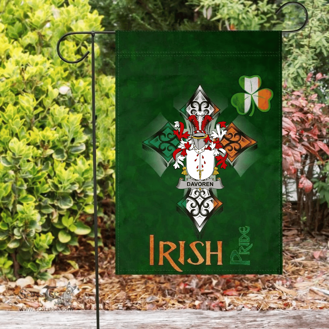 ScotsTee Shop Irish Davoren or O'Davoren Coat of Arms Irish Pride Garden Flag Shamrock Ireland Flag