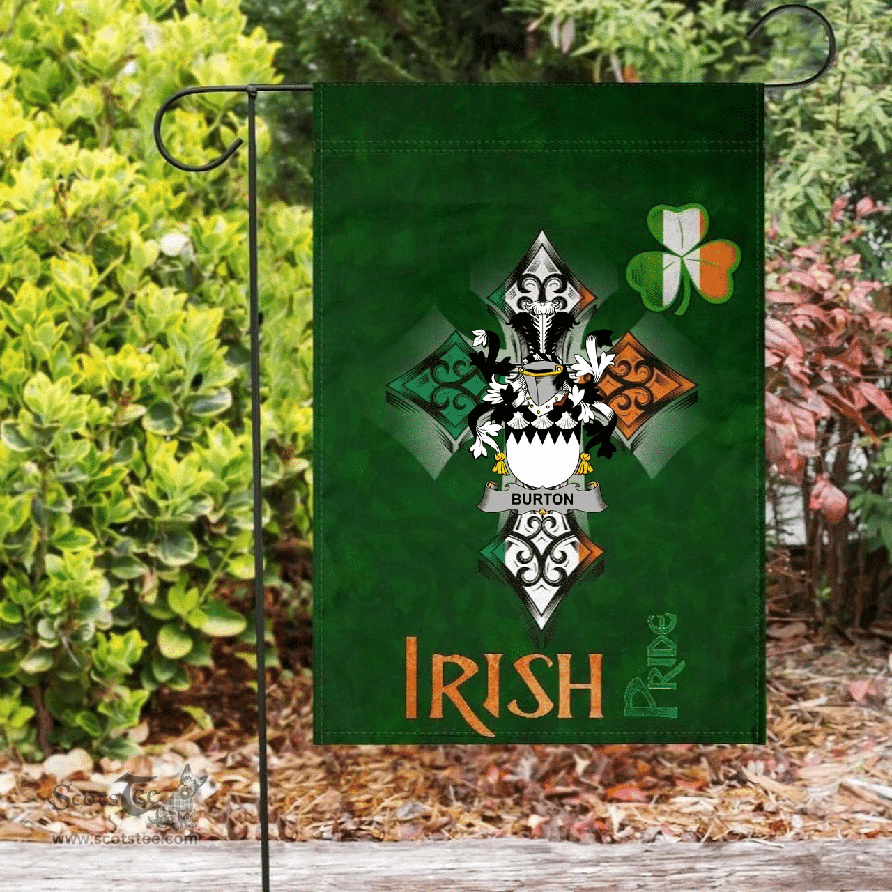ScotsTee Shop Irish Burton Coat of Arms Irish Pride Garden Flag Shamrock Ireland Flag