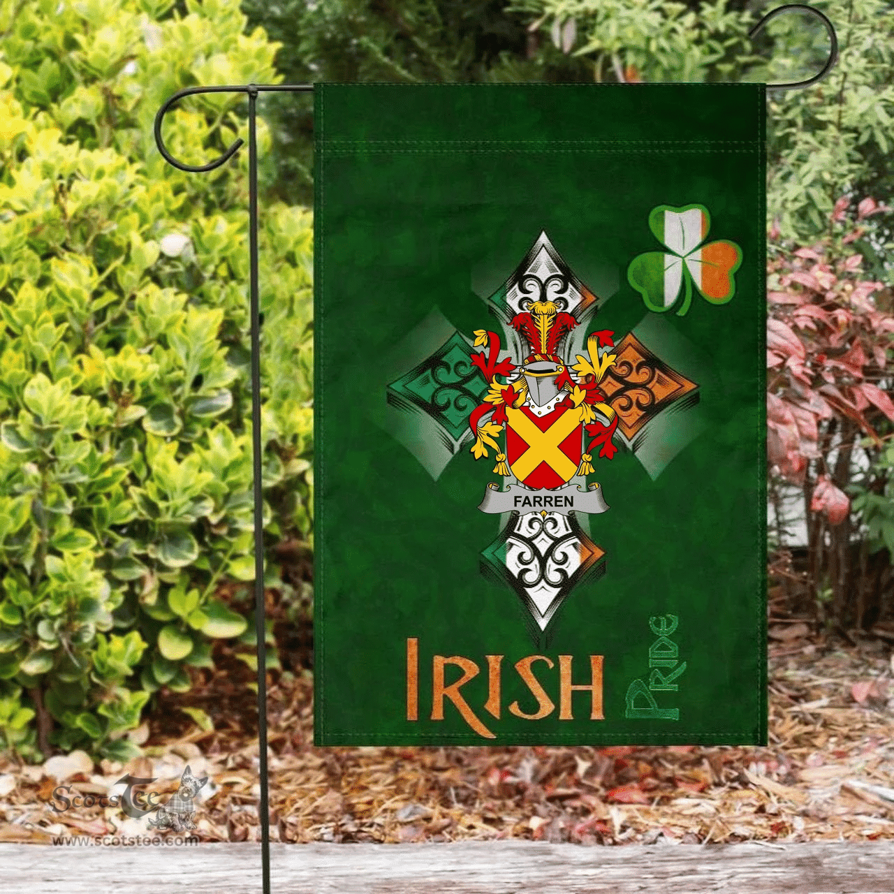 ScotsTee Shop Irish Farren or O'Farren Coat of Arms Irish Pride Garden Flag Shamrock Ireland Flag