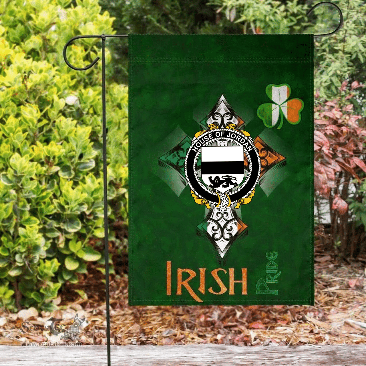 ScotsTee Shop Irish House of JORDAN Coat of Arms Irish Pride Garden Flag Shamrock Ireland Flag