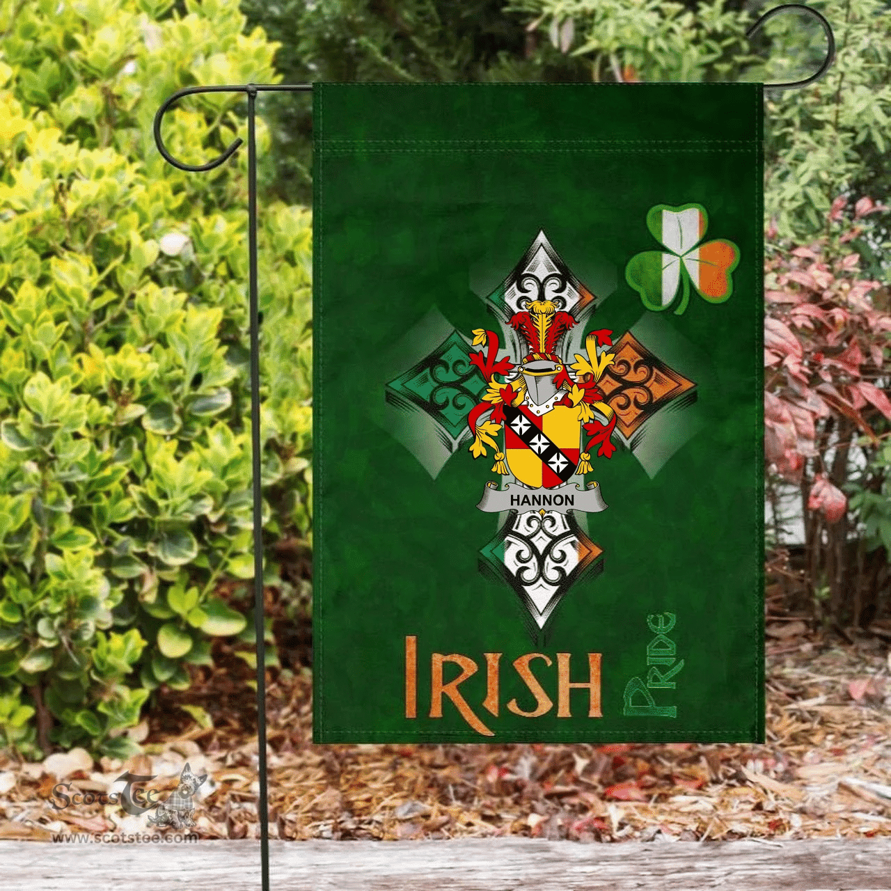 ScotsTee Shop Irish Hannon or O'Hannon Coat of Arms Irish Pride Garden Flag Shamrock Ireland Flag