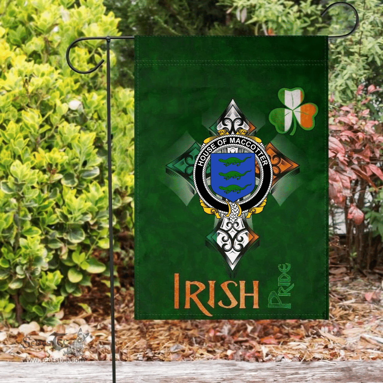 ScotsTee Shop Irish House of MACCOTTER Coat of Arms Irish Pride Garden Flag Shamrock Ireland Flag