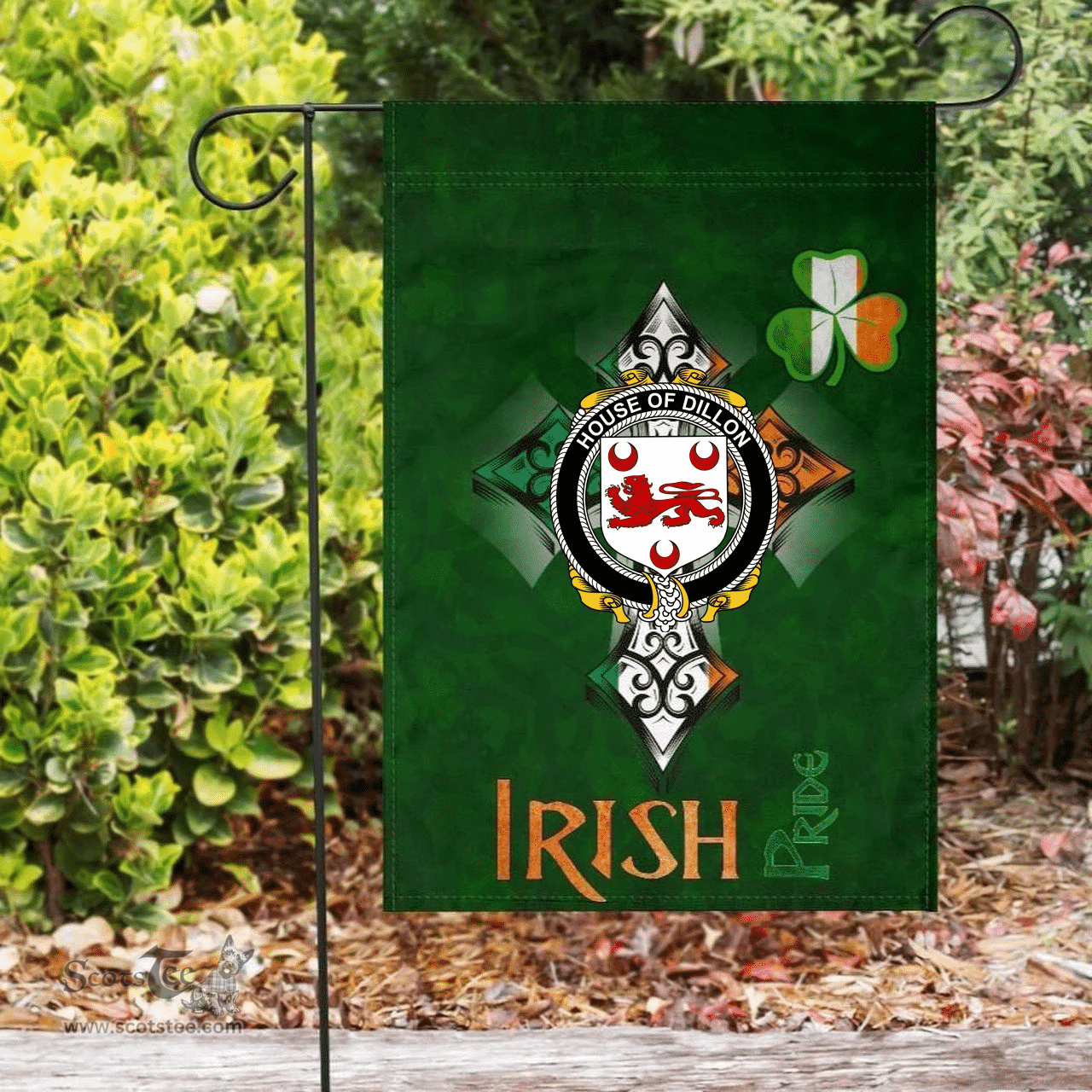 ScotsTee Shop Irish House of DILLON Coat of Arms Irish Pride Garden Flag Shamrock Ireland Flag