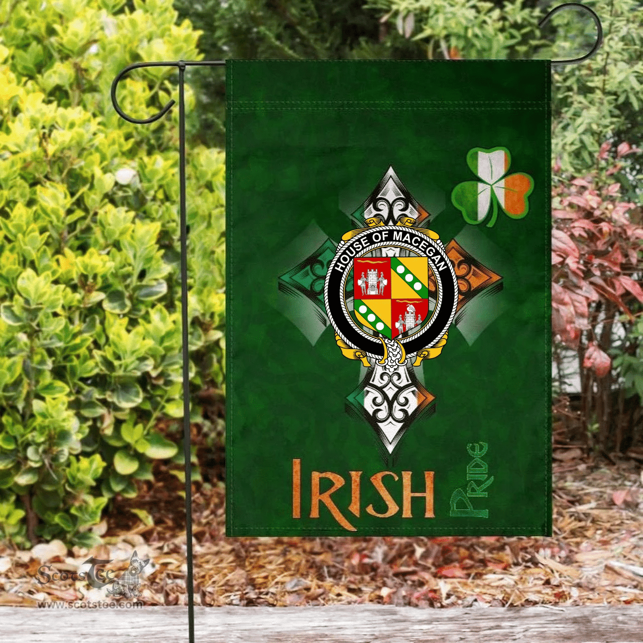 ScotsTee Shop Irish House of MACEGAN Coat of Arms Irish Pride Garden Flag Shamrock Ireland Flag