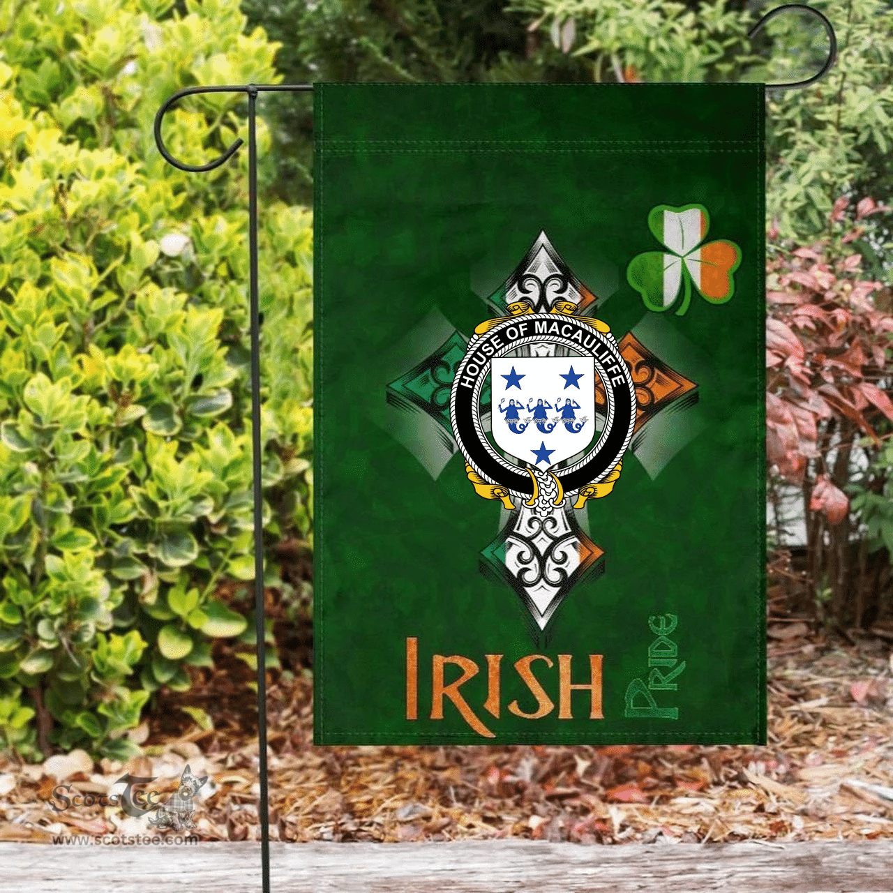 ScotsTee Shop Irish House of MACAULIFFE Coat of Arms Irish Pride Garden Flag Shamrock Ireland Flag