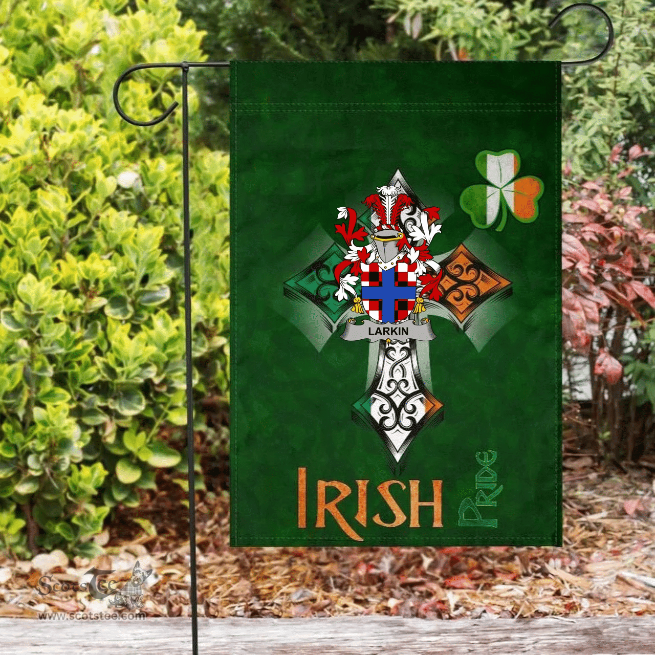 ScotsTee Shop Irish Larkin or O'Larkin Coat of Arms Irish Pride Garden Flag Shamrock Ireland Flag