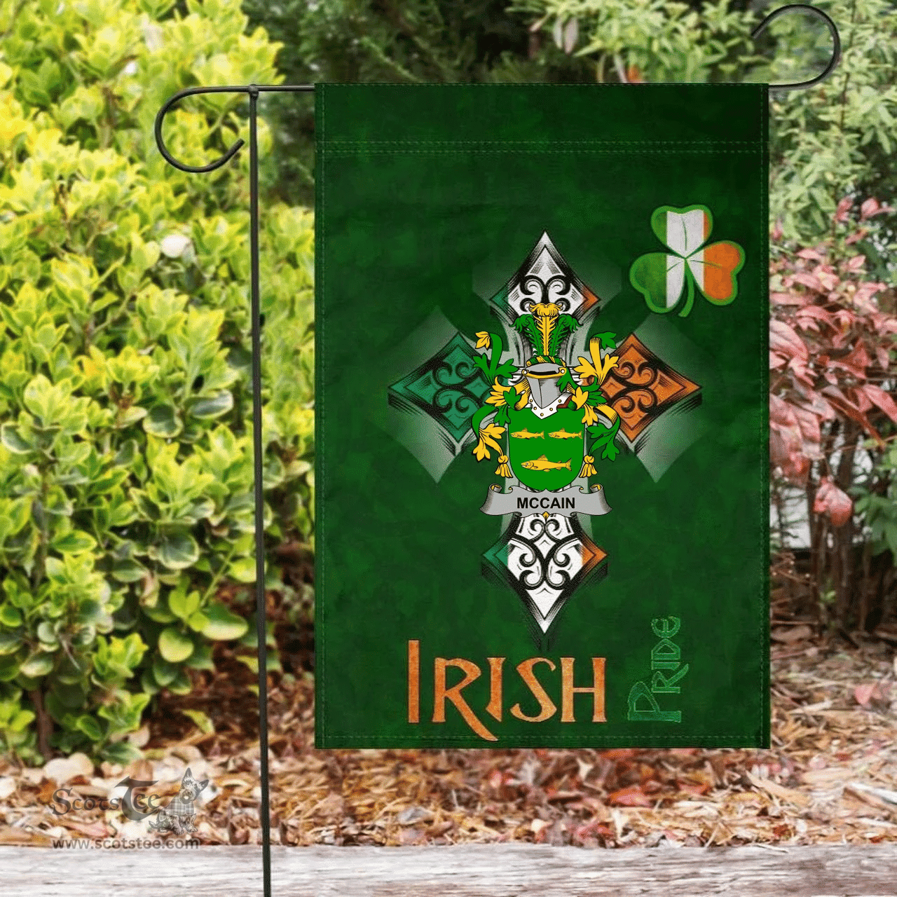 ScotsTee Shop Irish McCain or O'Kane Coat of Arms Irish Pride Garden Flag Shamrock Ireland Flag