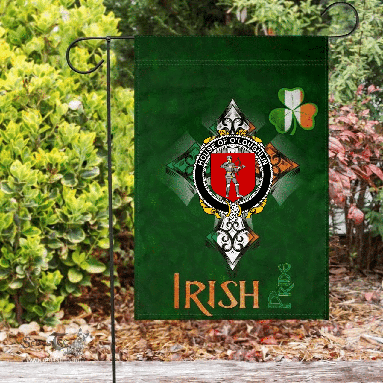 ScotsTee Shop Irish House of O'LOUGHLIN Coat of Arms Irish Pride Garden Flag Shamrock Ireland Flag
