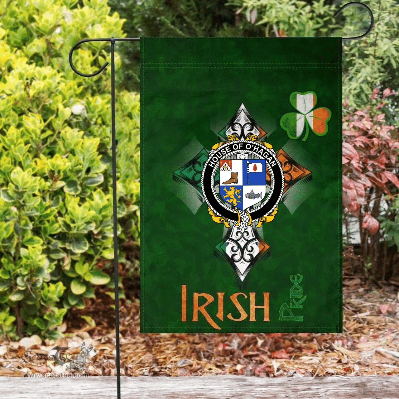 ScotsTee Shop Irish House of O'HAGAN Coat of Arms Irish Pride Garden Flag Shamrock Ireland Flag