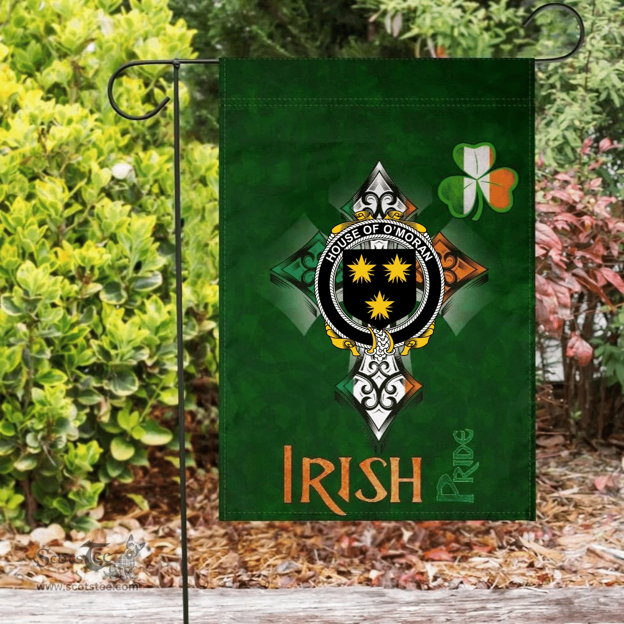 ScotsTee Shop Irish House of O'MORAN Coat of Arms Irish Pride Garden Flag Shamrock Ireland Flag