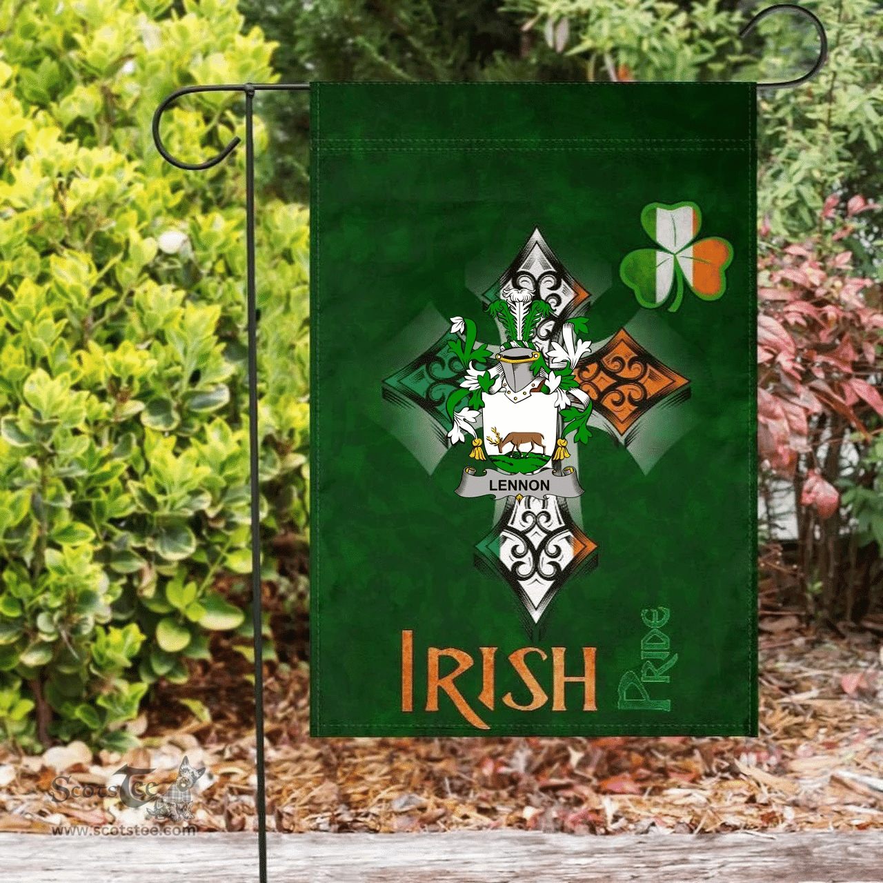 ScotsTee Shop Irish Lennon or O'Lennon Coat of Arms Irish Pride Garden Flag Shamrock Ireland Flag