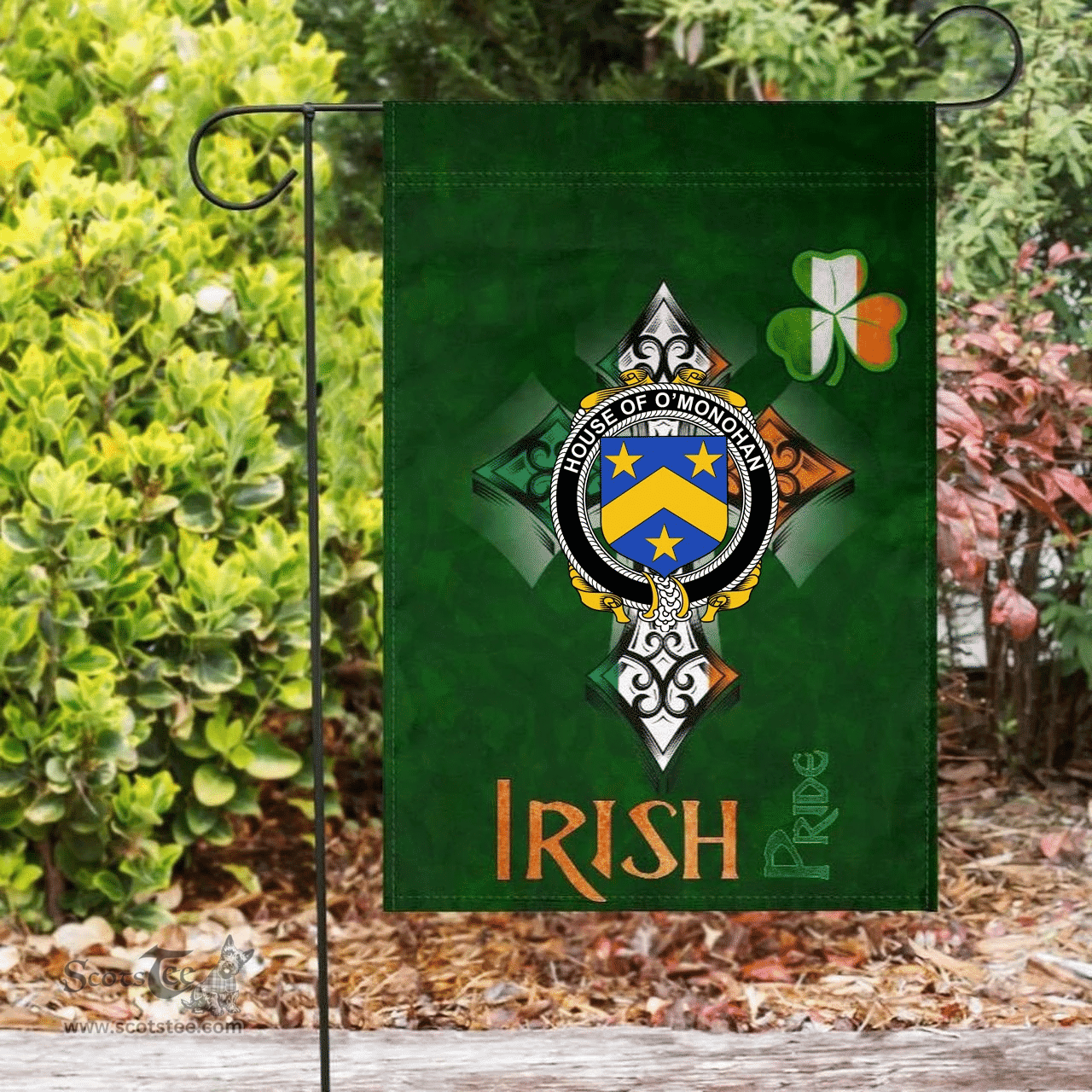 ScotsTee Shop Irish House of O'MONOHAN Coat of Arms Irish Pride Garden Flag Shamrock Ireland Flag