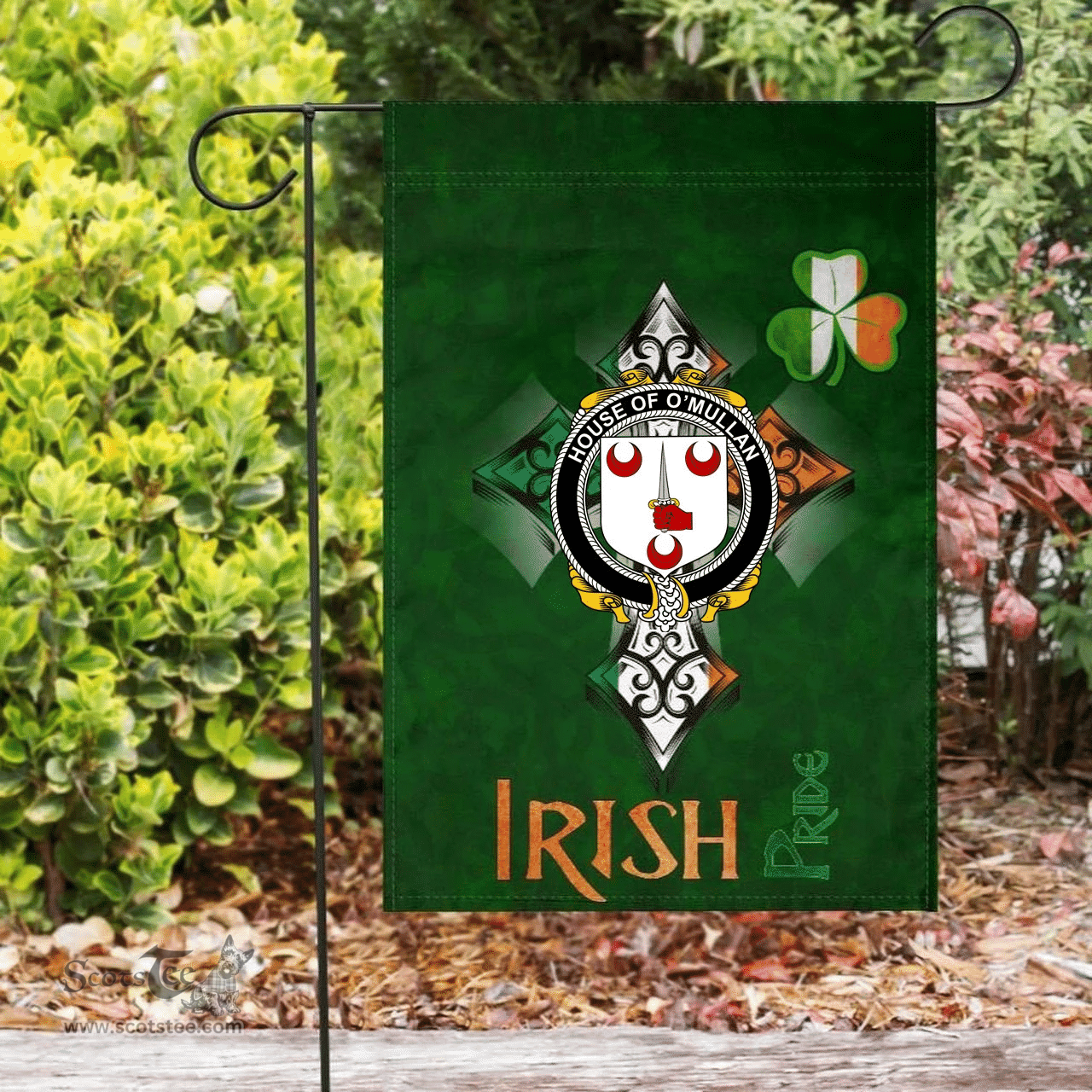 ScotsTee Shop Irish House of O'MULLAN Coat of Arms Irish Pride Garden Flag Shamrock Ireland Flag