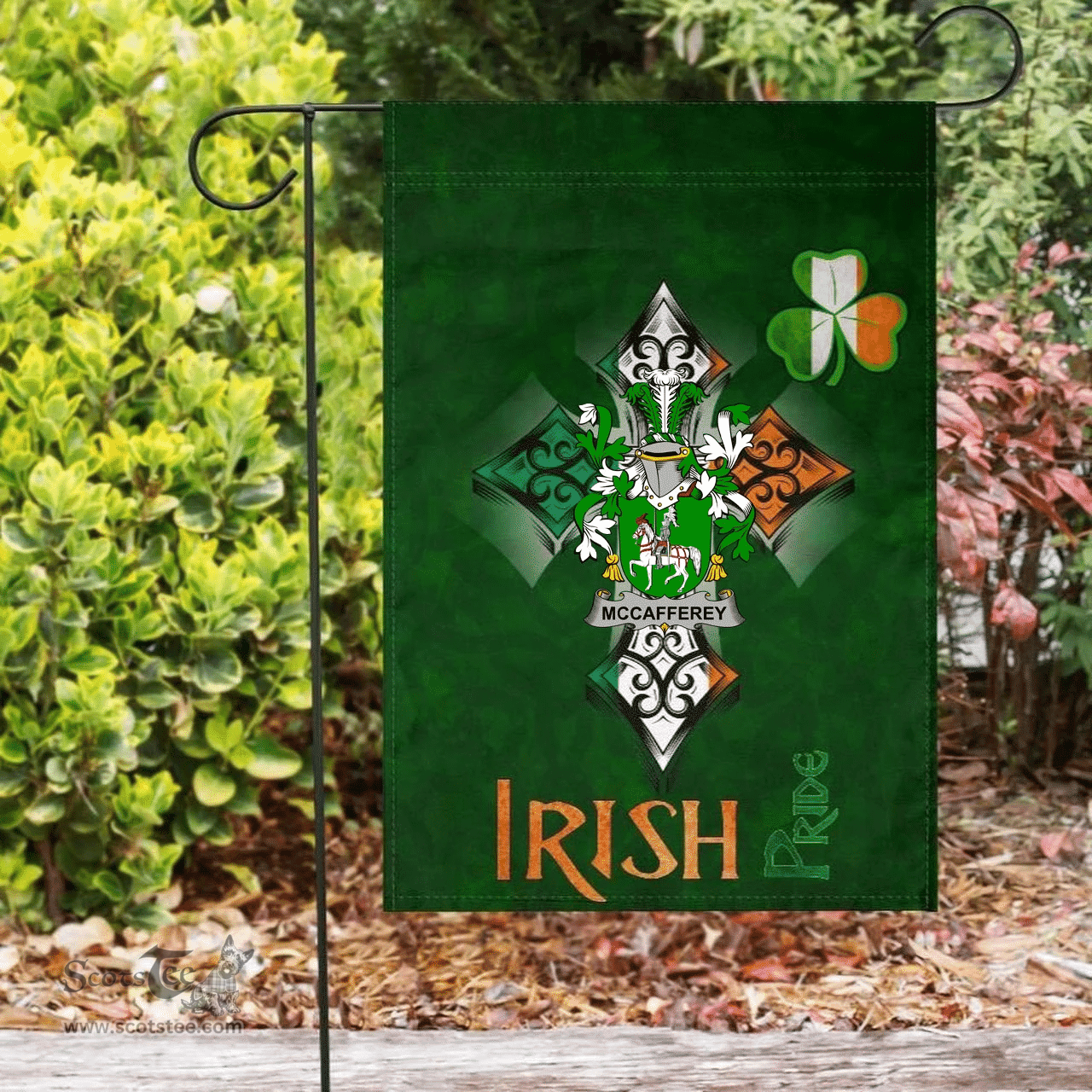 ScotsTee Shop Irish McCafferey or McCaffrey Coat of Arms Irish Pride Garden Flag Shamrock Ireland Flag