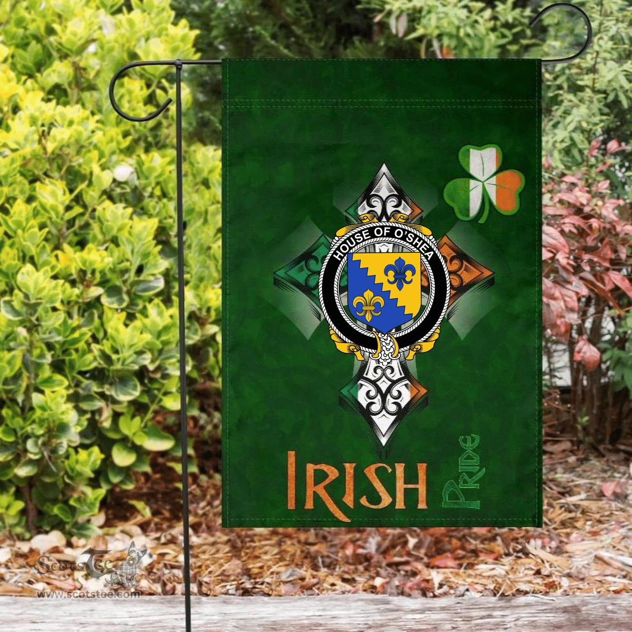 ScotsTee Shop Irish House of O'SHEA Coat of Arms Irish Pride Garden Flag Shamrock Ireland Flag