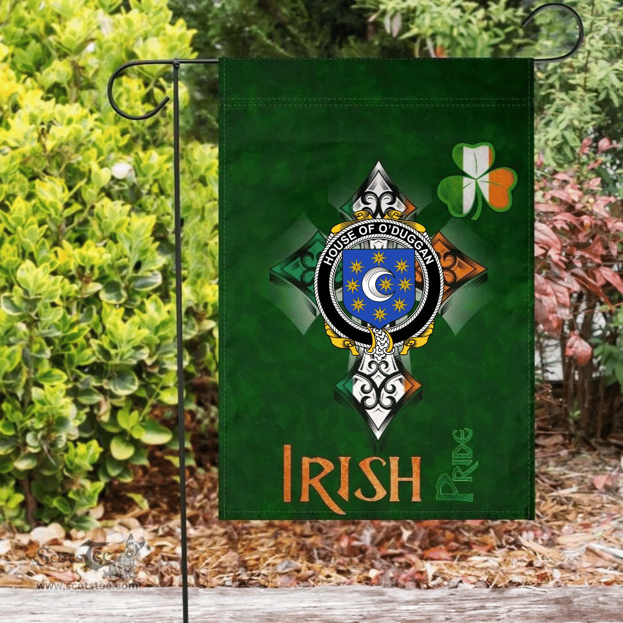 ScotsTee Shop Irish House of O'DUGGAN Coat of Arms Irish Pride Garden Flag Shamrock Ireland Flag
