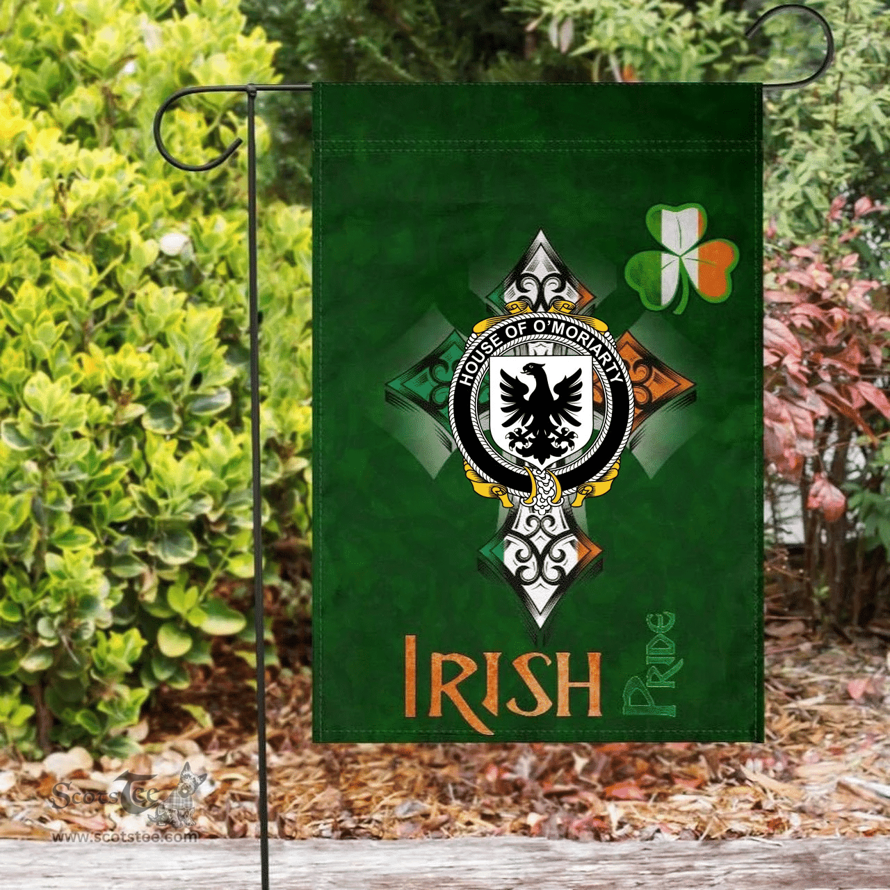 ScotsTee Shop Irish House of O'MORIARTY Coat of Arms Irish Pride Garden Flag Shamrock Ireland Flag