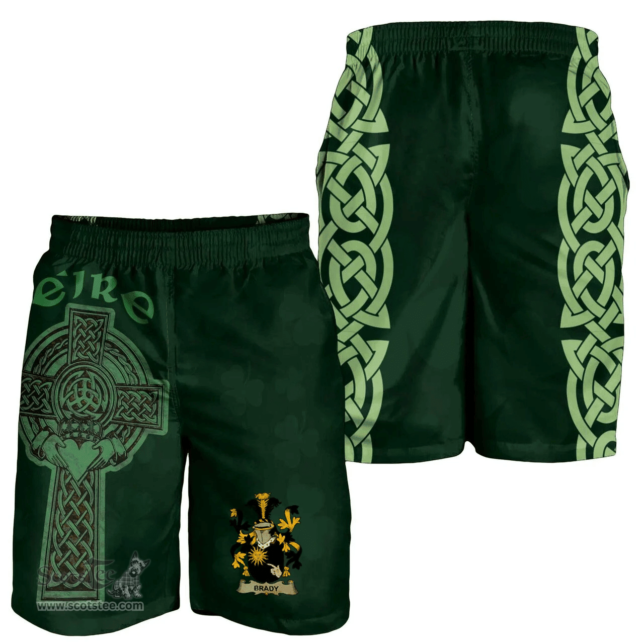 ScotsTee Shop Irish Brady or McBrady Coat of Arms Irish Mens Short Irish Cross with Celtic Knot and Claddagh Ring