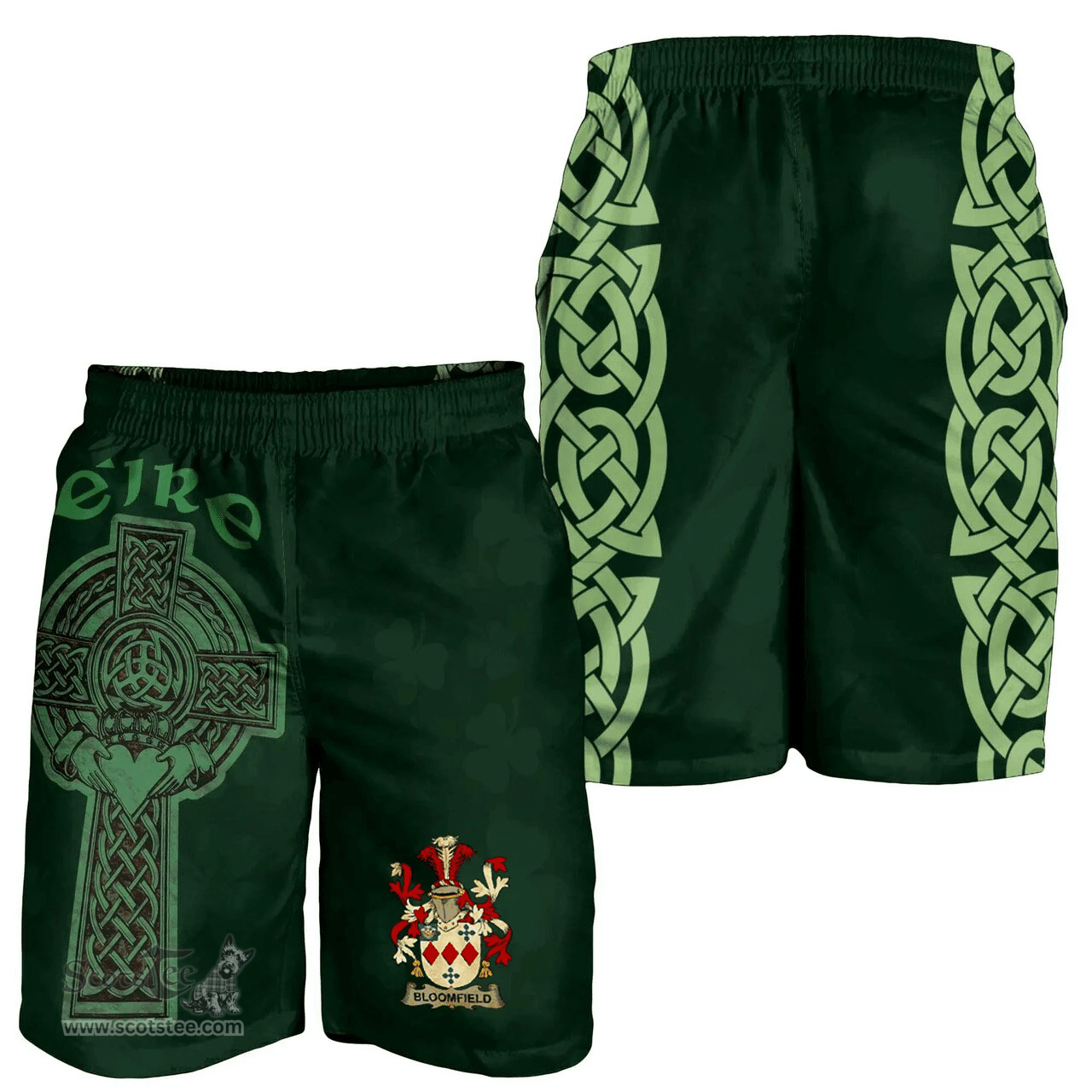 ScotsTee Shop Irish Bloomfield Coat of Arms Irish Mens Short Irish Cross with Celtic Knot and Claddagh Ring