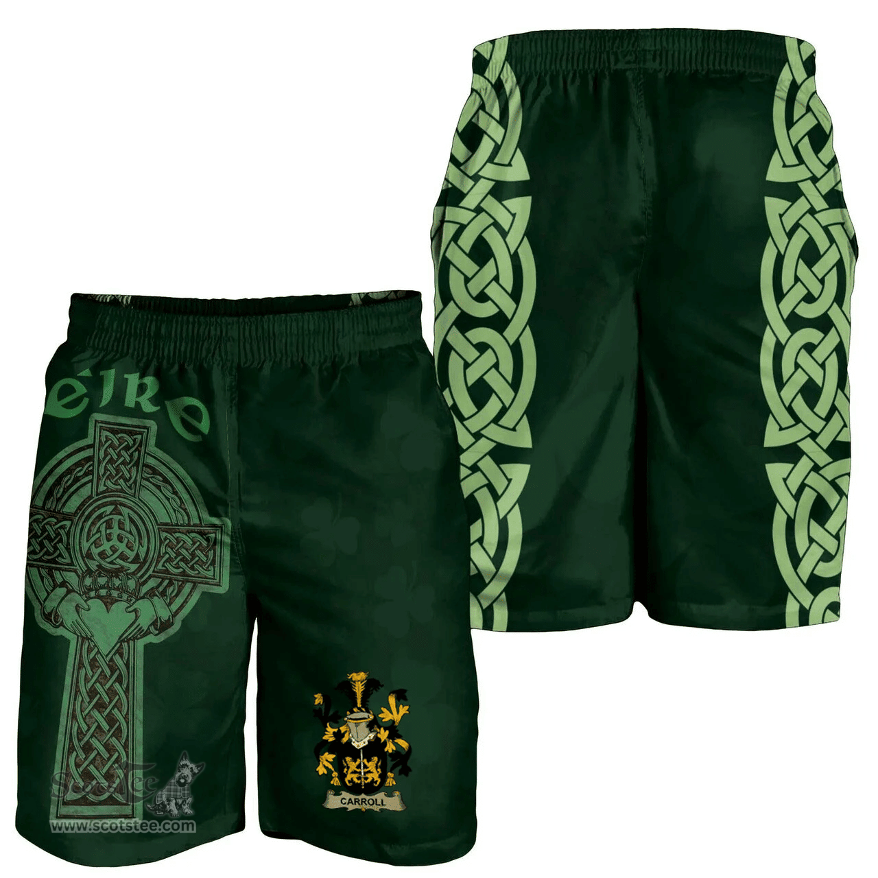 ScotsTee Shop Irish Carroll or O'Carroll Coat of Arms Irish Mens Short Irish Cross with Celtic Knot and Claddagh Ring