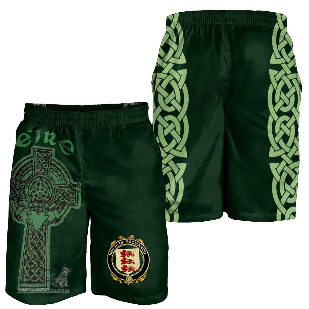 ScotsTee Shop Irish House of MACMAHON (Thomond) Coat of Arms Irish Mens Short Irish Cross with Celtic Knot and Claddagh Ring