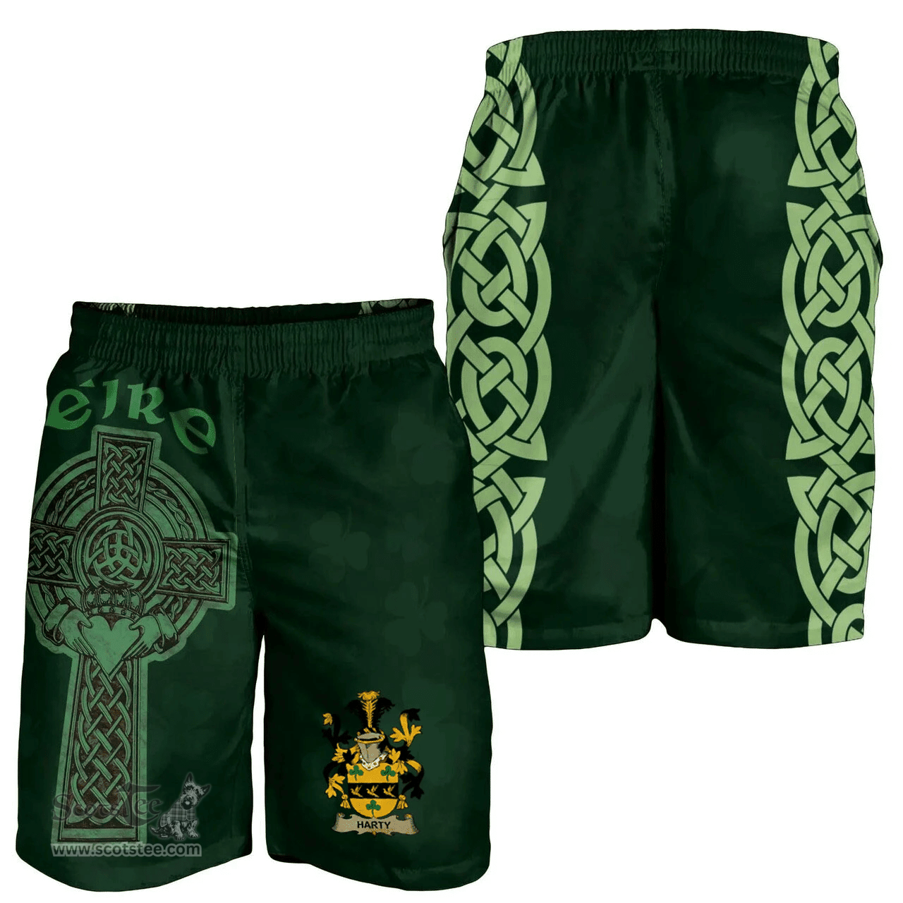 ScotsTee Shop Irish Harty or O'Haherty Coat of Arms Irish Mens Short Irish Cross with Celtic Knot and Claddagh Ring