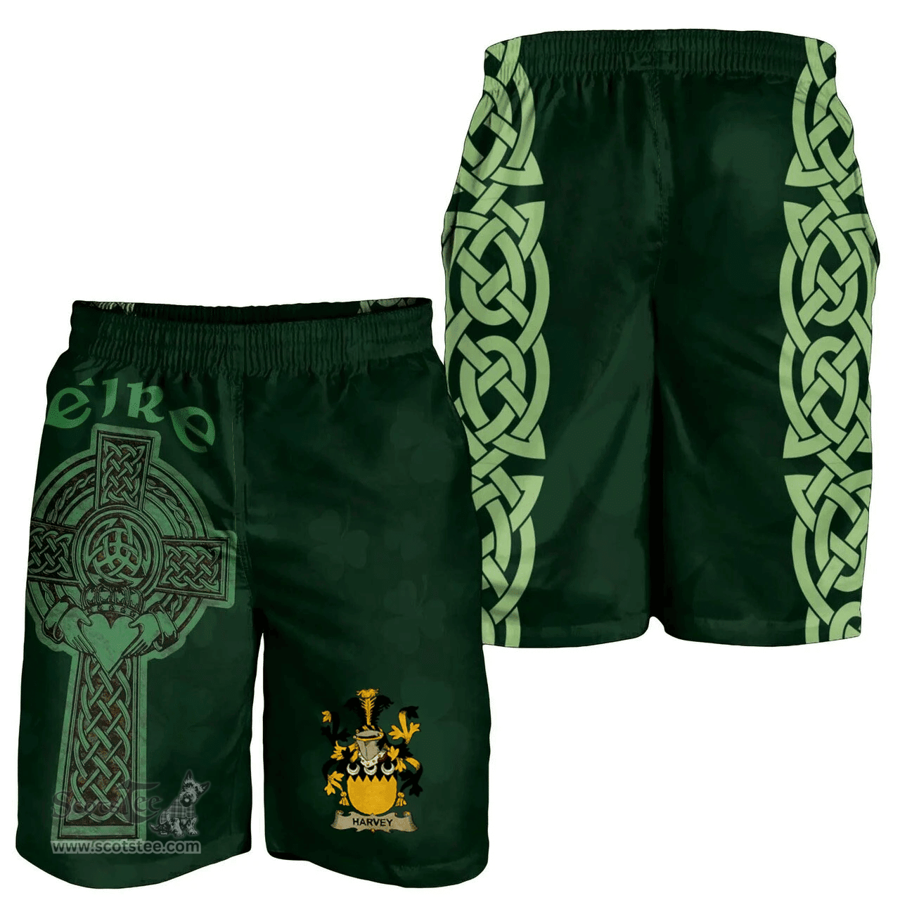 ScotsTee Shop Irish Harvey or Hervey Coat of Arms Irish Mens Short Irish Cross with Celtic Knot and Claddagh Ring