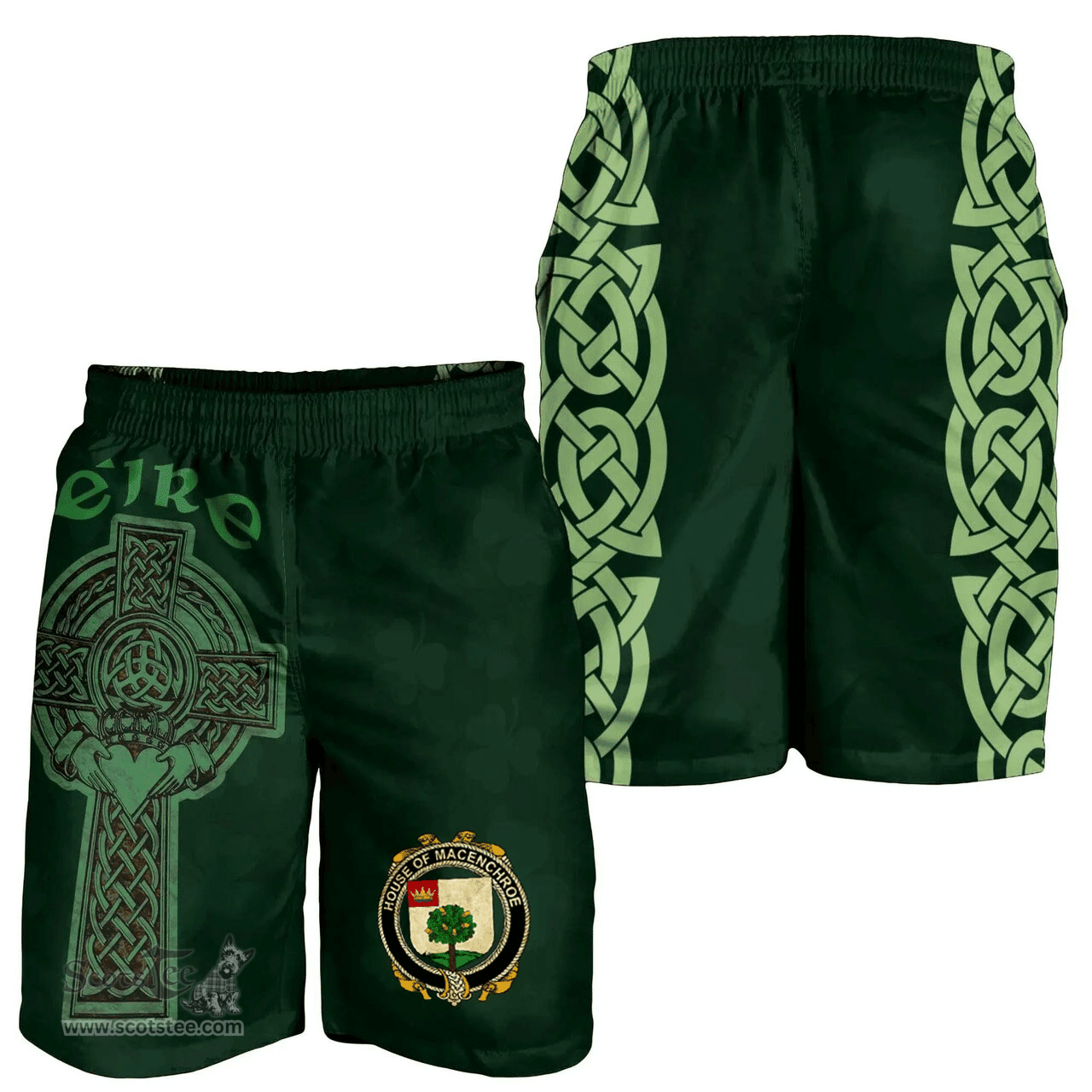 ScotsTee Shop Irish House of MACENCHROE Coat of Arms Irish Mens Short Irish Cross with Celtic Knot and Claddagh Ring