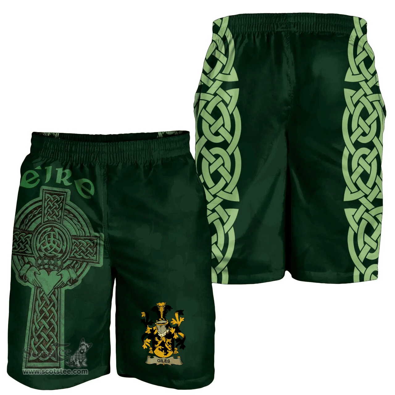 ScotsTee Shop Irish Giles or Gyles Coat of Arms Irish Mens Short Irish Cross with Celtic Knot and Claddagh Ring