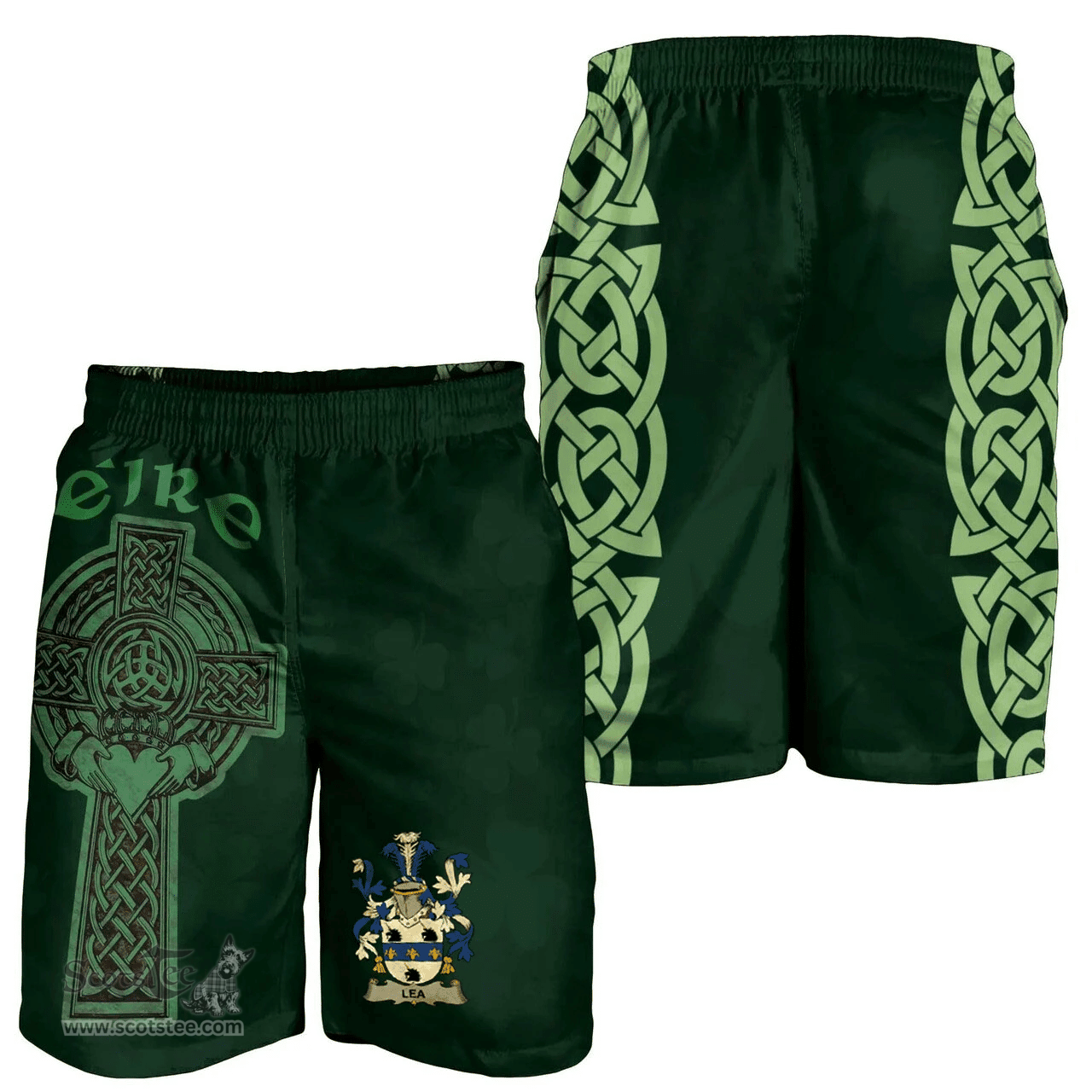 ScotsTee Shop Irish Lea or McLea Coat of Arms Irish Mens Short Irish Cross with Celtic Knot and Claddagh Ring