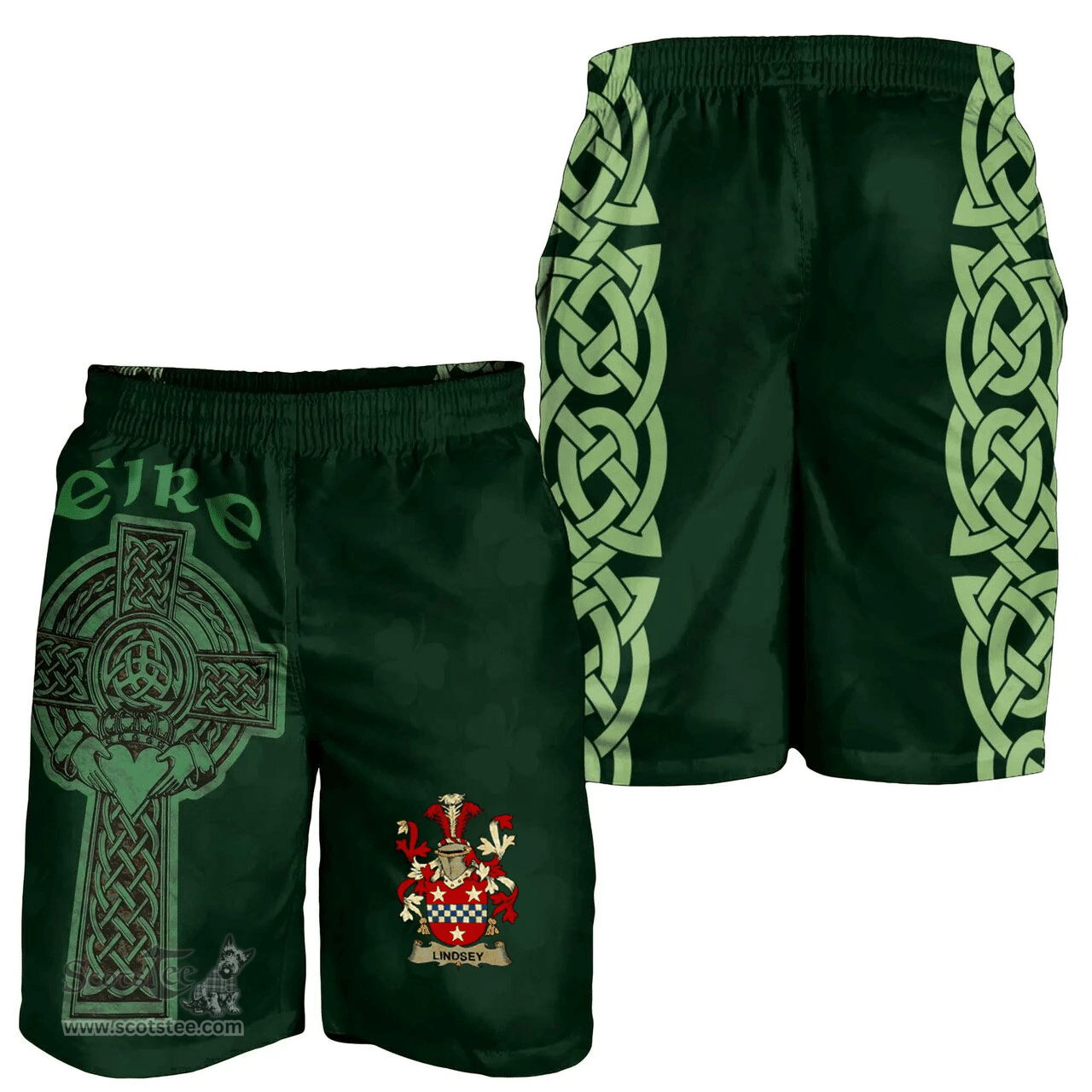 ScotsTee Shop Irish Lindsey Coat of Arms Irish Mens Short Irish Cross with Celtic Knot and Claddagh Ring