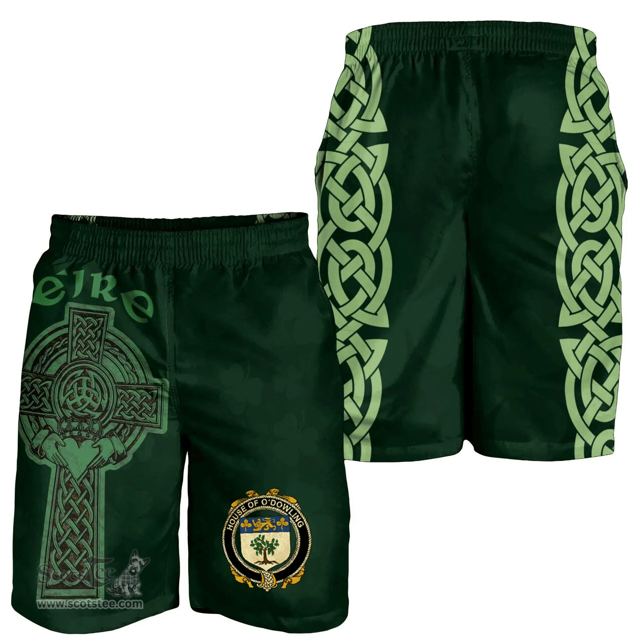 ScotsTee Shop Irish House of O'DOWLING Coat of Arms Irish Mens Short Irish Cross with Celtic Knot and Claddagh Ring