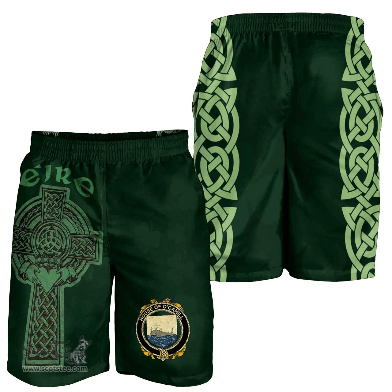 ScotsTee Shop Irish House of O'CAHILL Coat of Arms Irish Mens Short Irish Cross with Celtic Knot and Claddagh Ring
