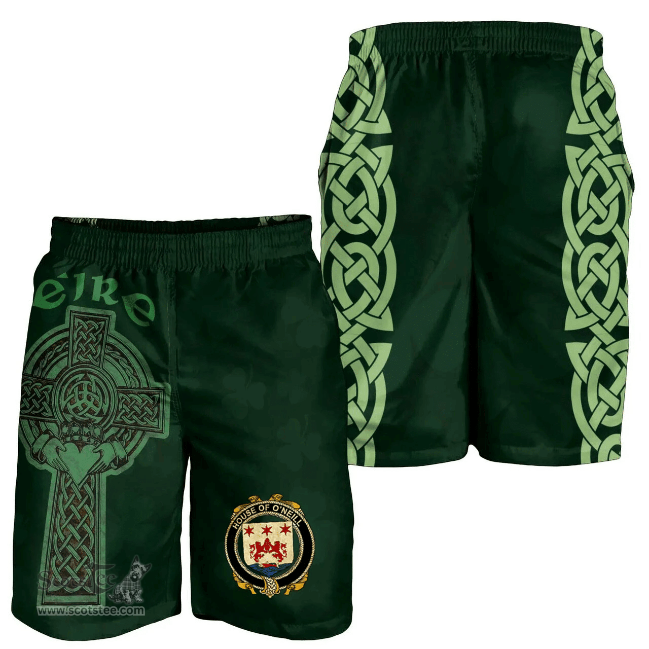 ScotsTee Shop Irish House of O'NEILL Coat of Arms Irish Mens Short Irish Cross with Celtic Knot and Claddagh Ring