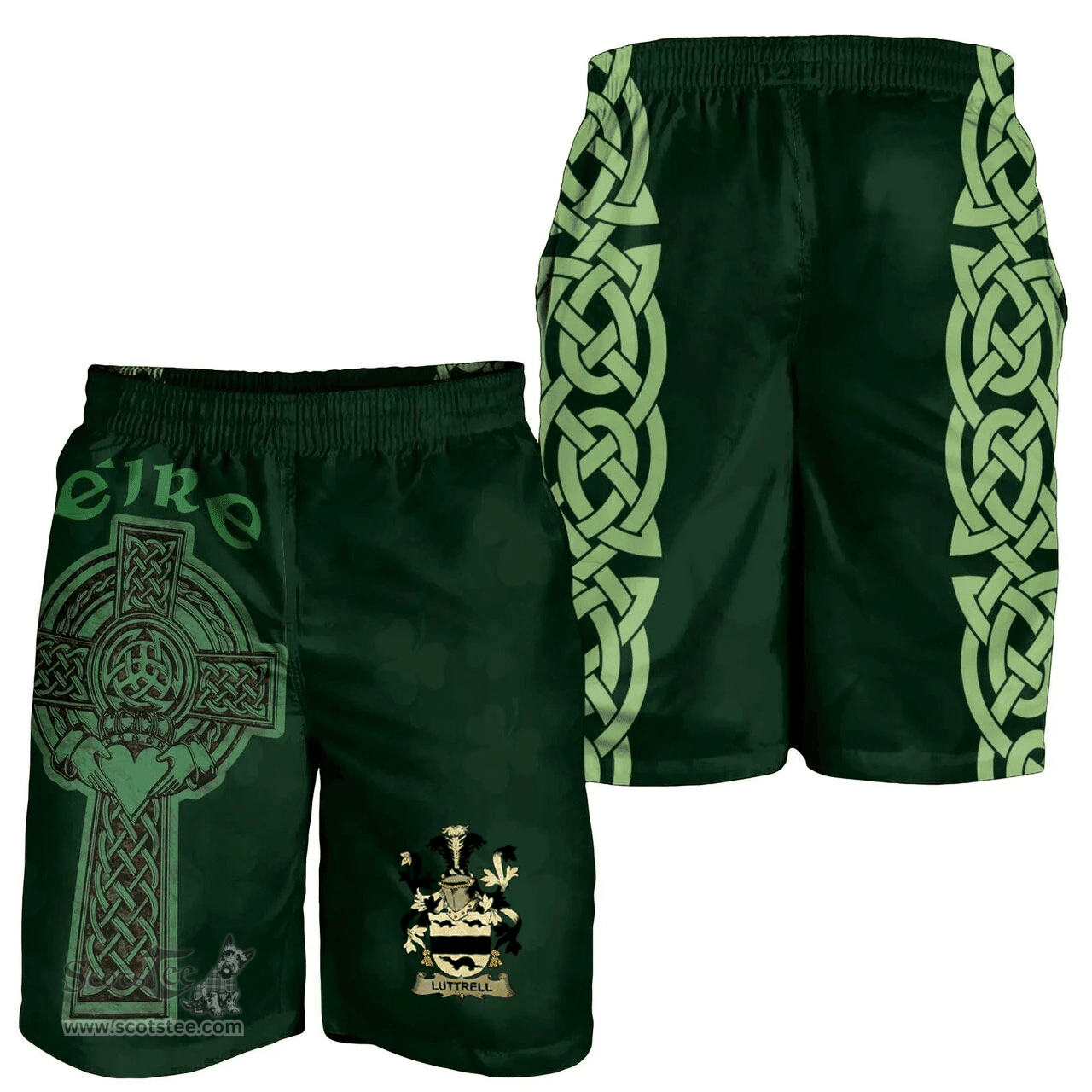 ScotsTee Shop Irish Luttrell Coat of Arms Irish Mens Short Irish Cross with Celtic Knot and Claddagh Ring