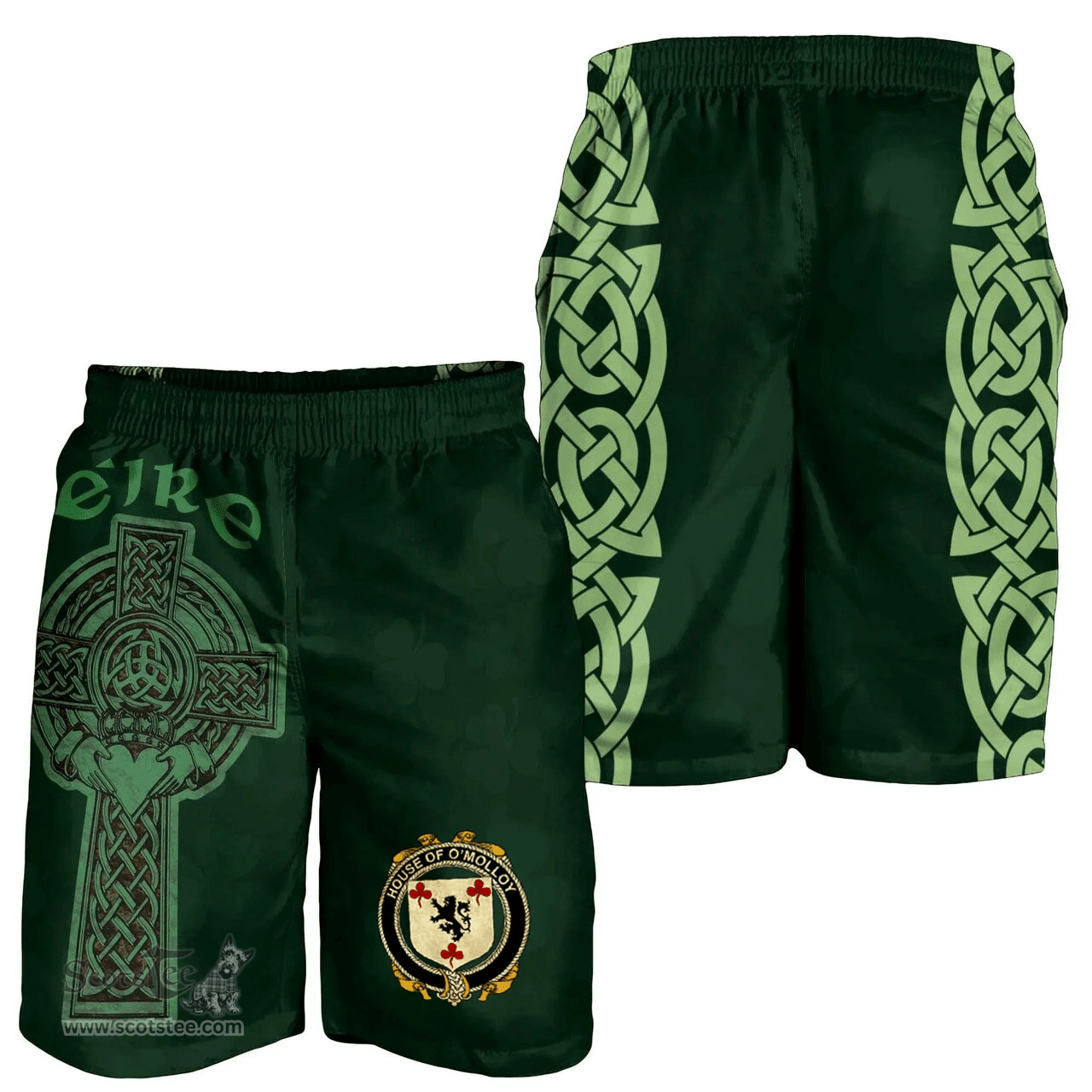 ScotsTee Shop Irish House of O'MOLLOY Coat of Arms Irish Mens Short Irish Cross with Celtic Knot and Claddagh Ring