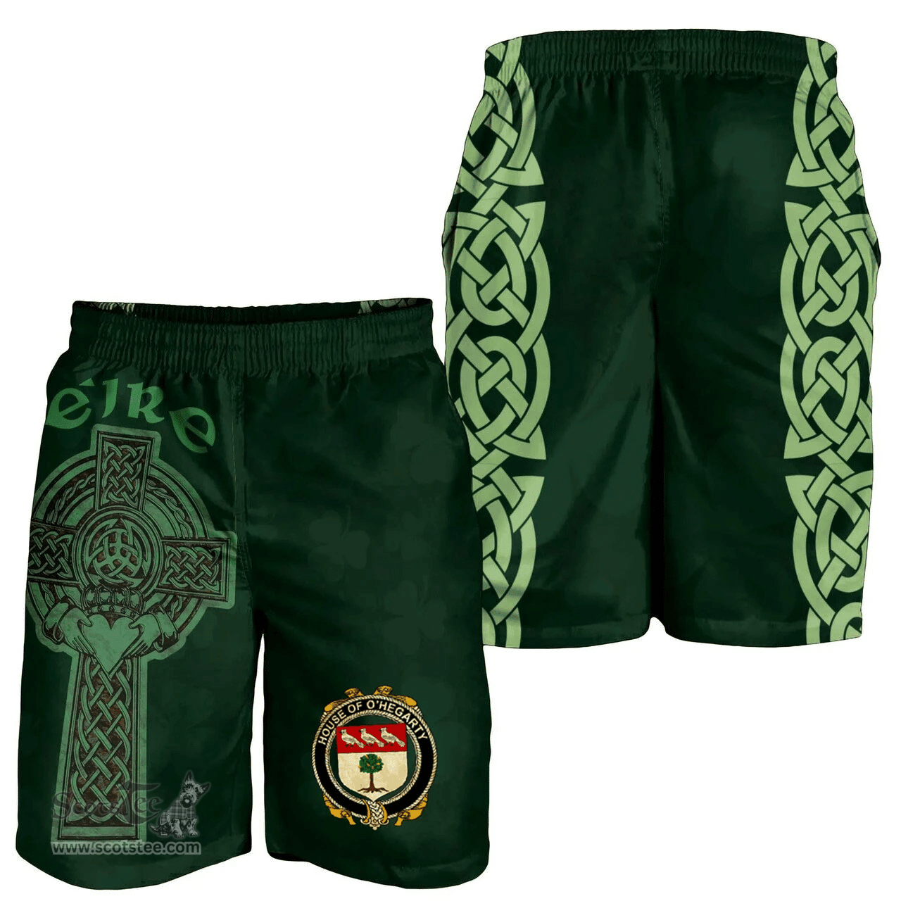 ScotsTee Shop Irish House of O'HEGARTY Coat of Arms Irish Mens Short Irish Cross with Celtic Knot and Claddagh Ring