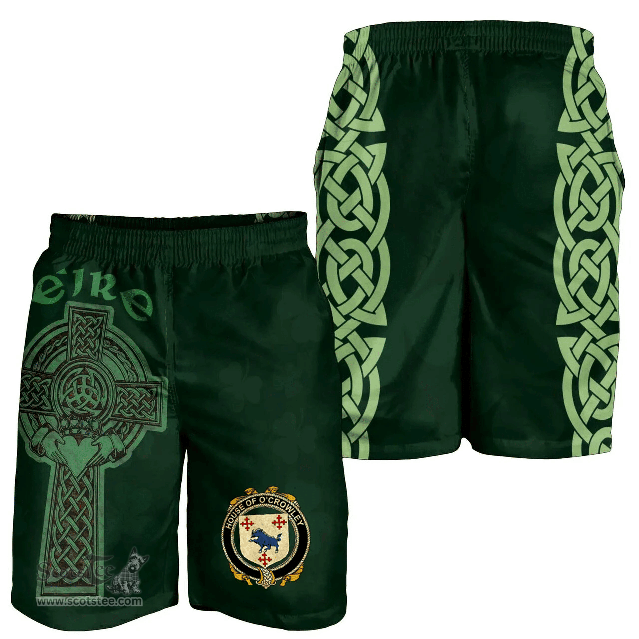 ScotsTee Shop Irish House of O'CROWLEY Coat of Arms Irish Mens Short Irish Cross with Celtic Knot and Claddagh Ring