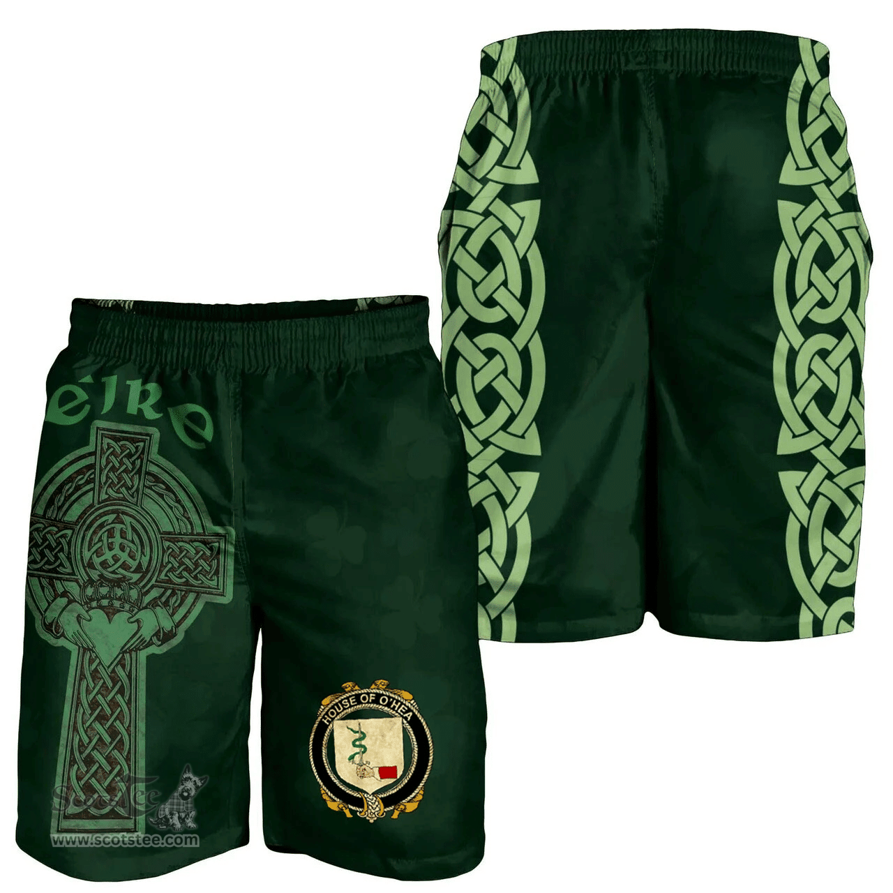ScotsTee Shop Irish House of O'HEA Coat of Arms Irish Mens Short Irish Cross with Celtic Knot and Claddagh Ring
