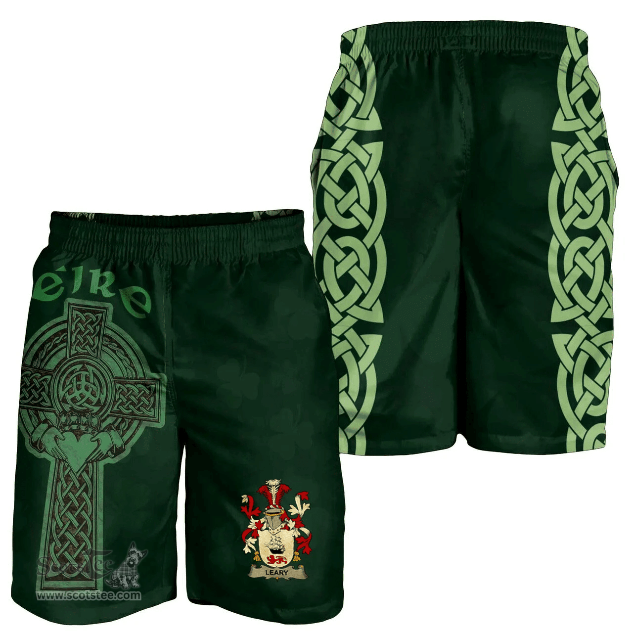 ScotsTee Shop Irish Leary or O'Leary Coat of Arms Irish Mens Short Irish Cross with Celtic Knot and Claddagh Ring