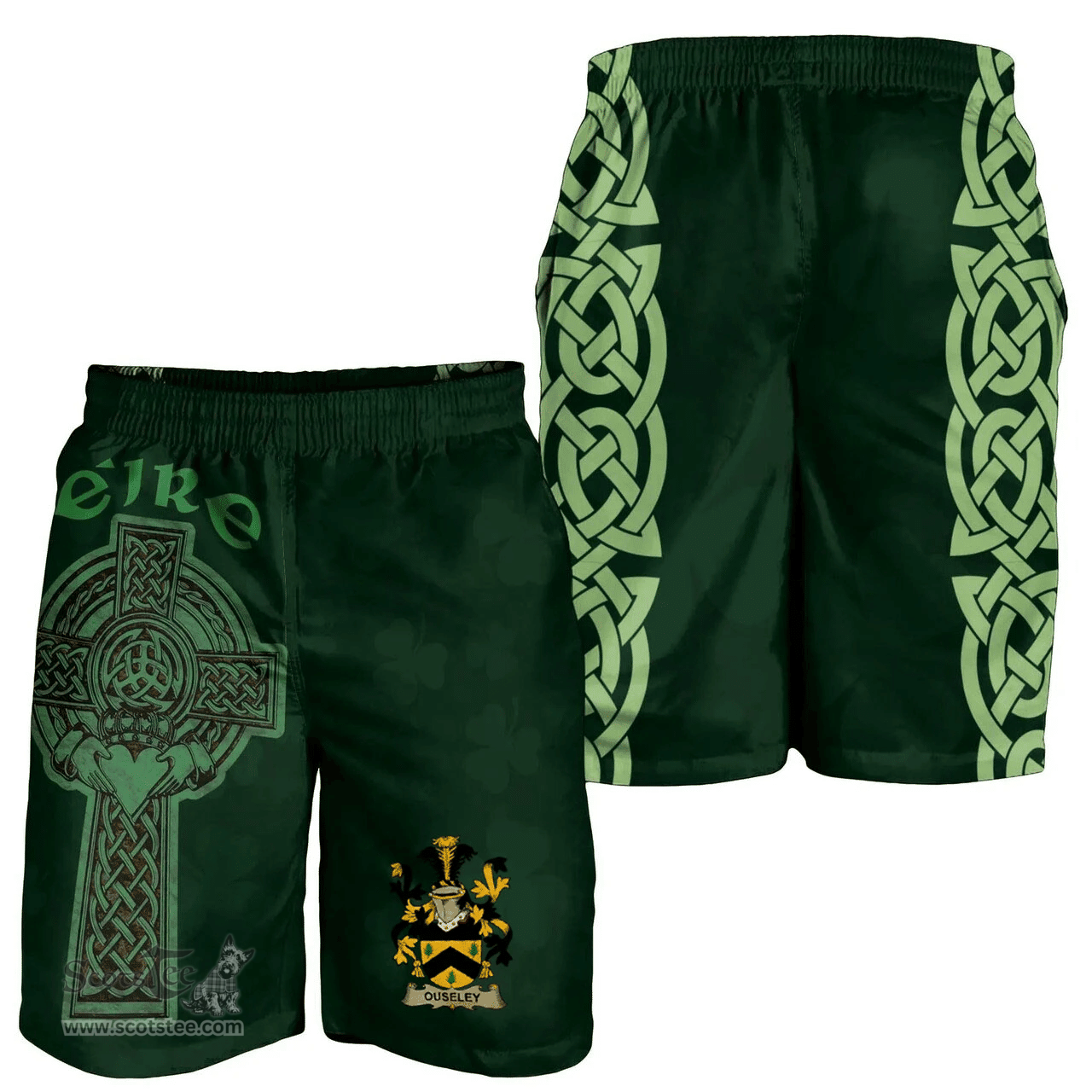 ScotsTee Shop Irish Ouseley Coat of Arms Irish Mens Short Irish Cross with Celtic Knot and Claddagh Ring